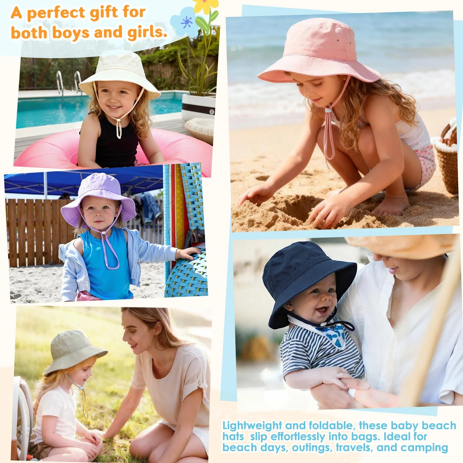 Chapeau Bébé Fille Garçon Anti UV Large Bord Casquette Soleil avec Ficelle Réglable Été