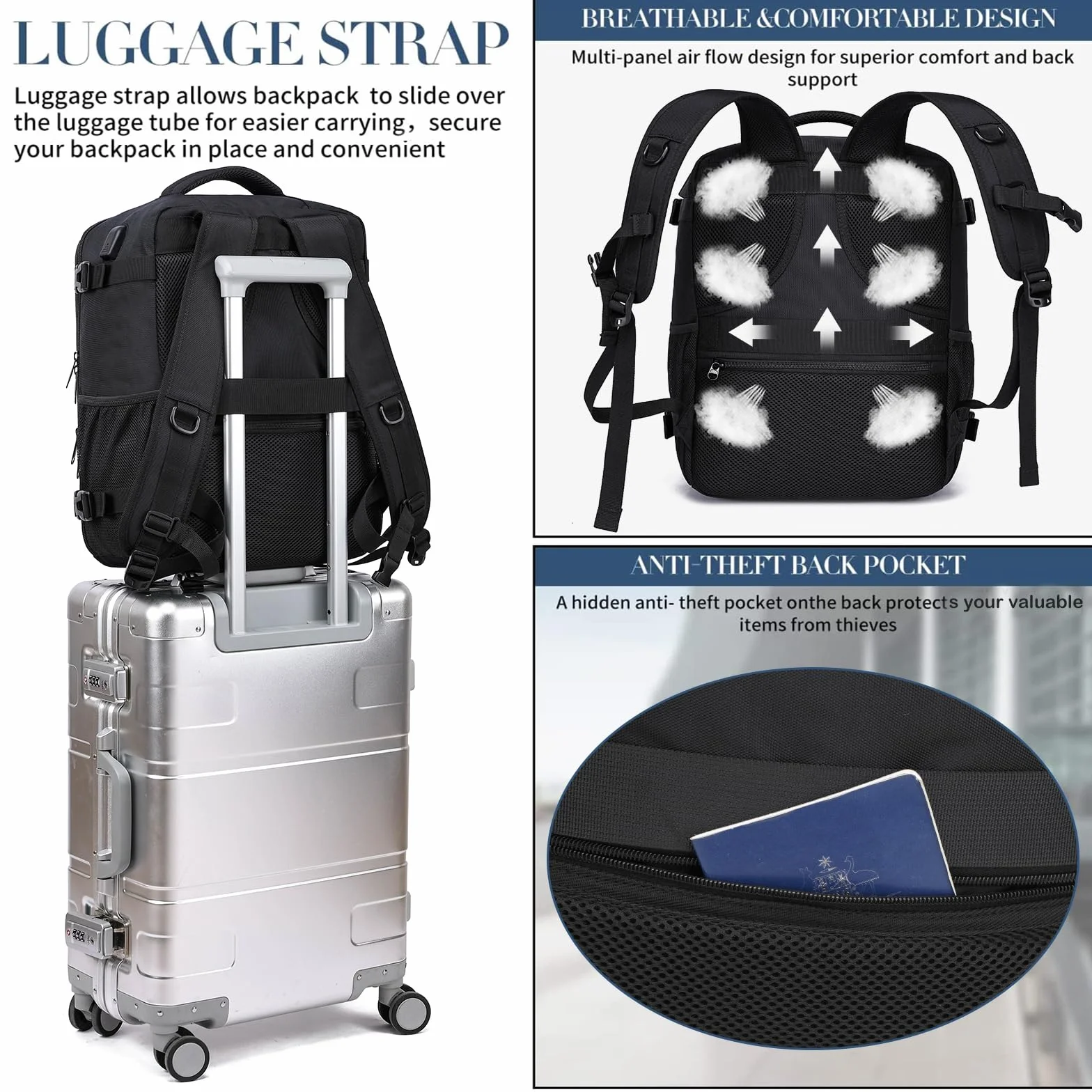 Sac à Dos 40x30x20 Cabine Avion 24L Pour Ryanair Wizzair Eurowings avec Port USB Ordinateur Portable 14 Pouces Noir