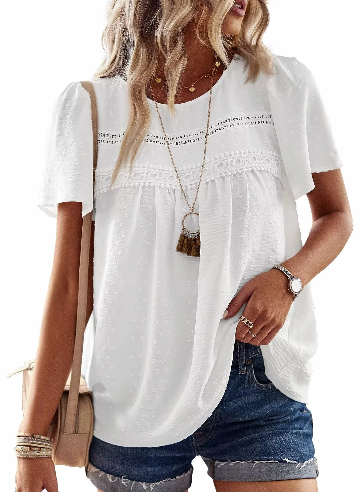 Chemisier Boho Femme Manches Courtes Col Rond Dentelle Tunique Fluide Tops Chic