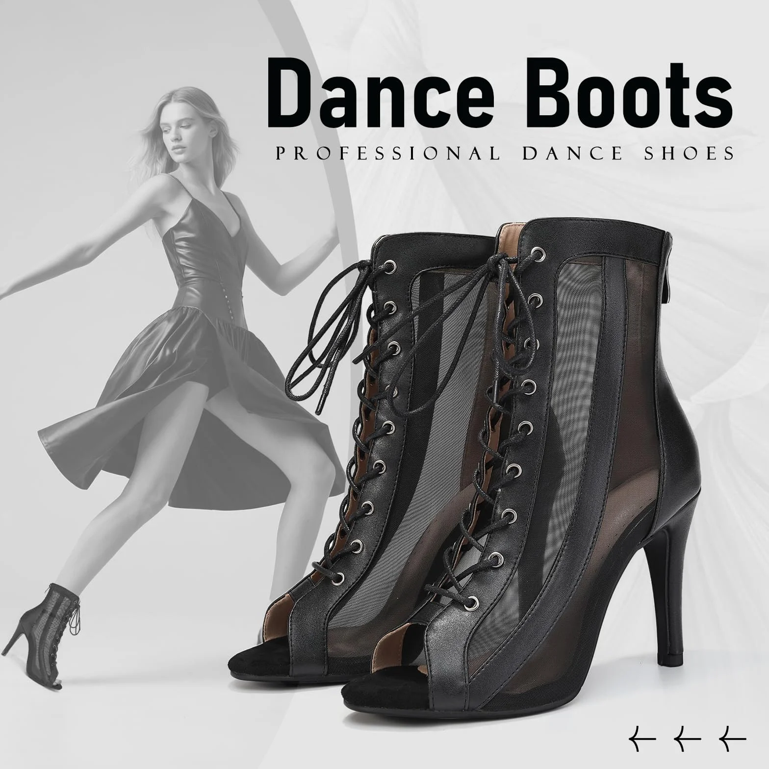 Bottines de Danse Femme à Lacets Talons Mesh Bout Ouvert Performance
