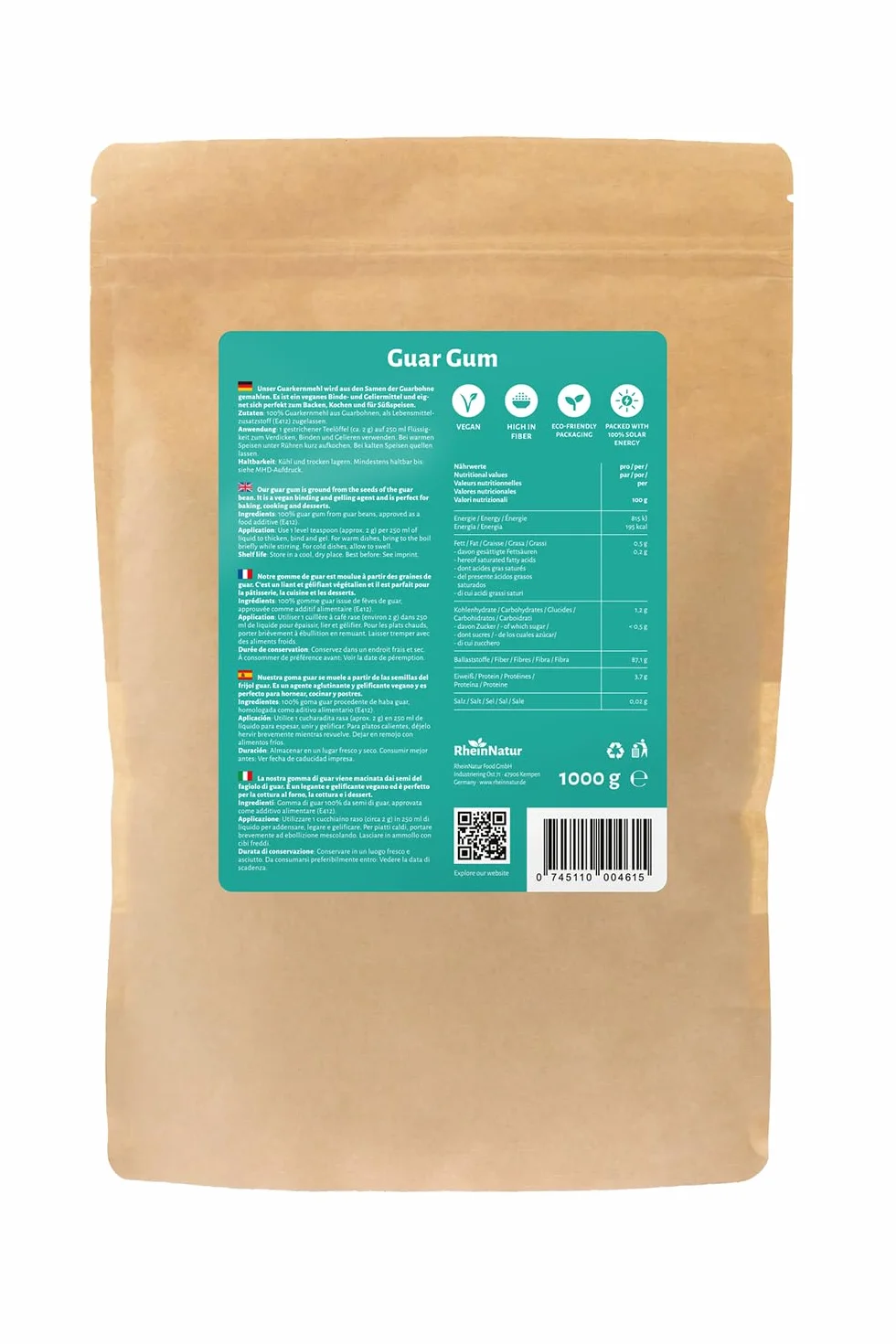 RheinNatur Guarpitmeel, 1 kg, guar gumpoeder als natuurlijke stabilisator voor ijs, soepen, sauzen, plantaardig bindmiddel en verdikkingsmiddel, smaakneutraal en veganistisch, zakje van 1000 g 1000g