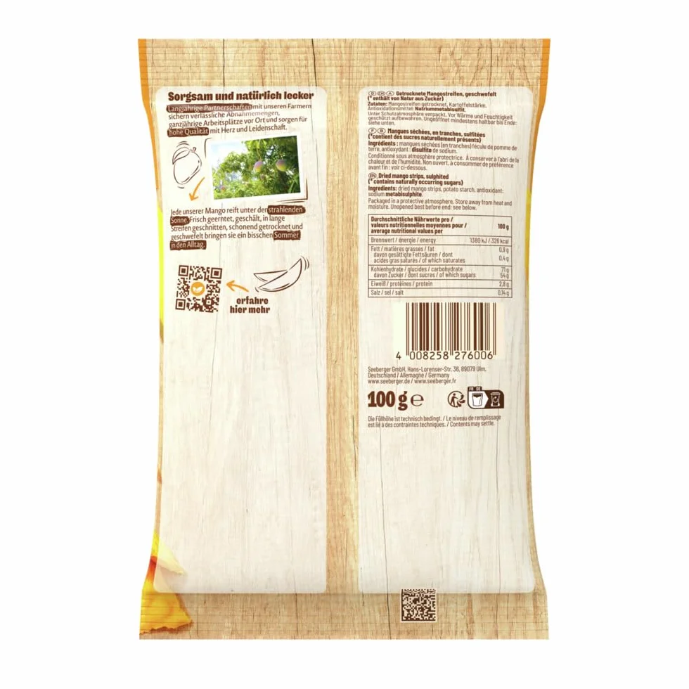 Seeberger Mangue : Lamelles de mangues séchées mûries au soleil - fruitées et exotiques - sans sucre ajouté - encas énergétique, vegan (1 x 100 g)