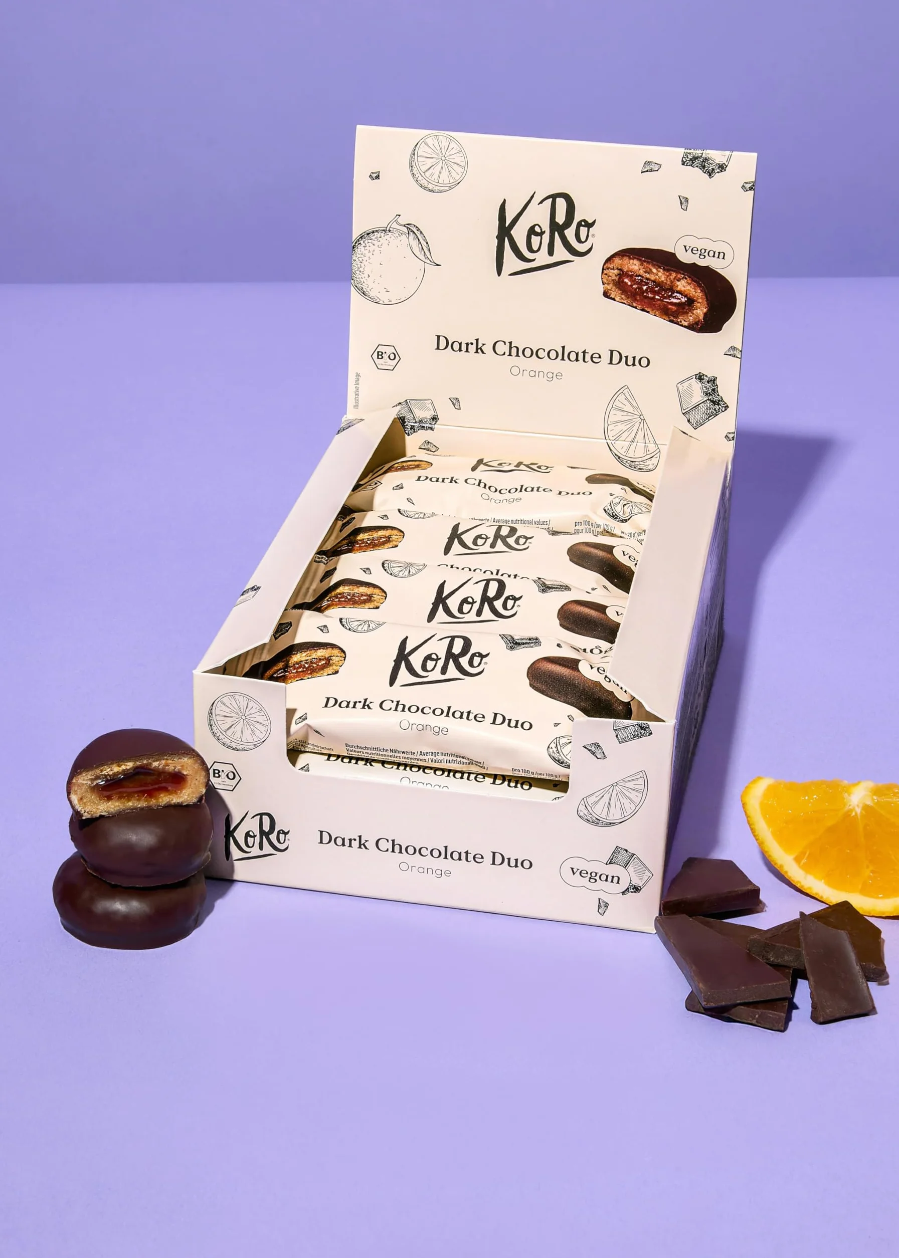KoRo - Bouchées de chocolat noir bio à l'orange 12 x 2 x 20 g - Base d'avoine et de noix de cajou - Garniture fruitée à l'orange - Vegan