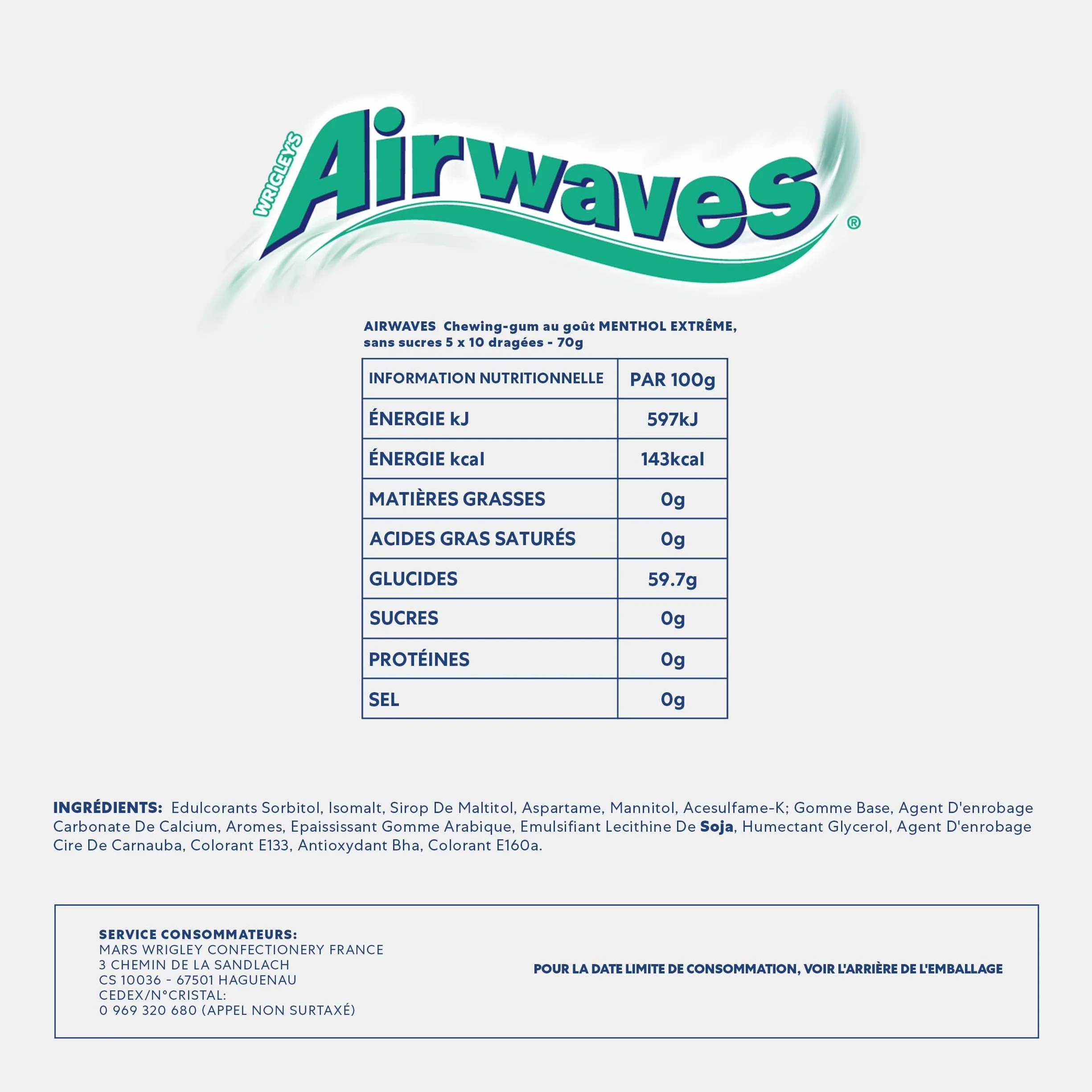 AIRWAVES Chewing Gum Sans Sucre Goût Menthol Extrême 5 Paquets 70g