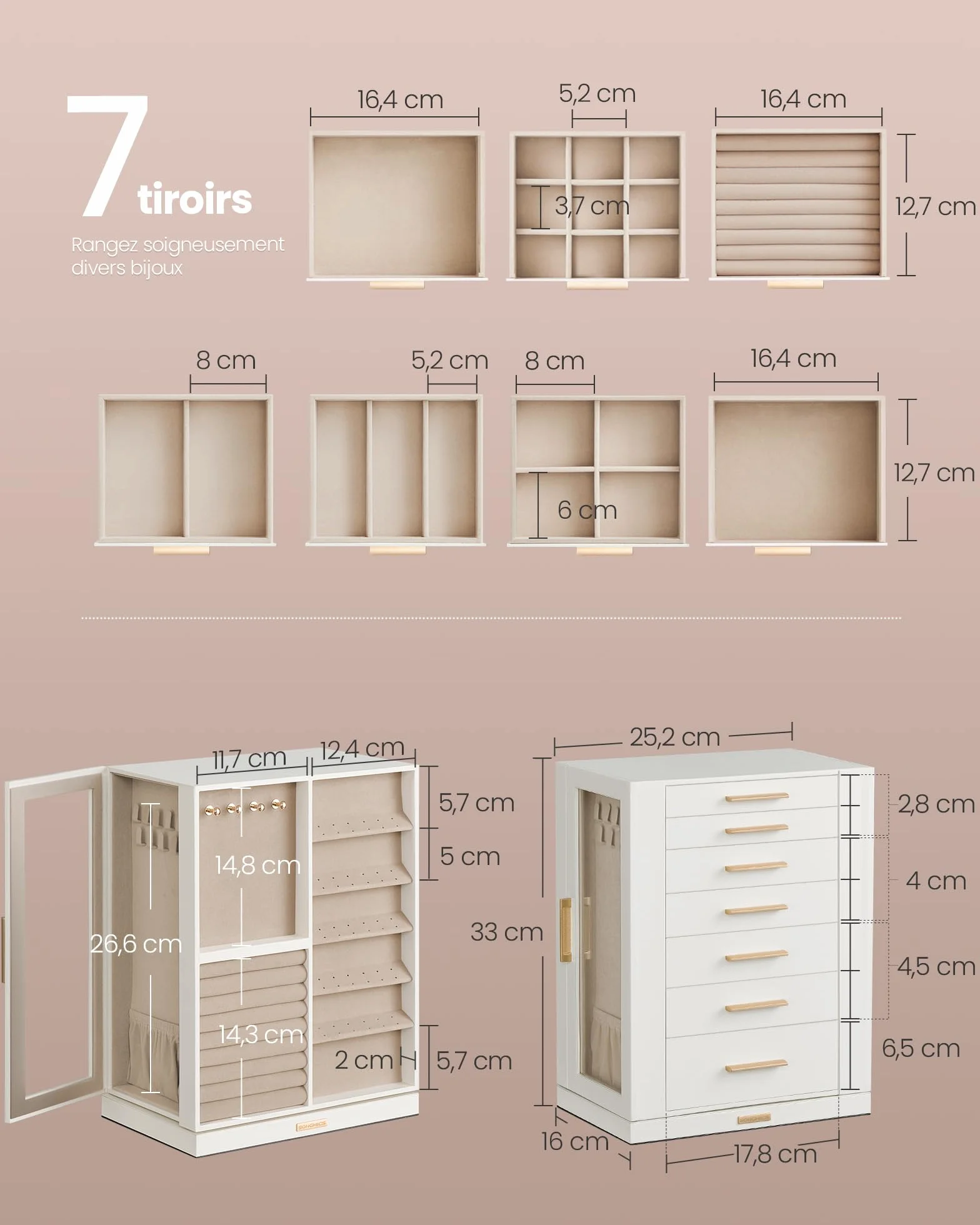 SONGMICS GISELLA Boîte à Bijoux Rotative 360° Coffret 7 Tiroirs Fenêtres en Verre Latérales Grand Rangement Blanc Nuage JBC201W01