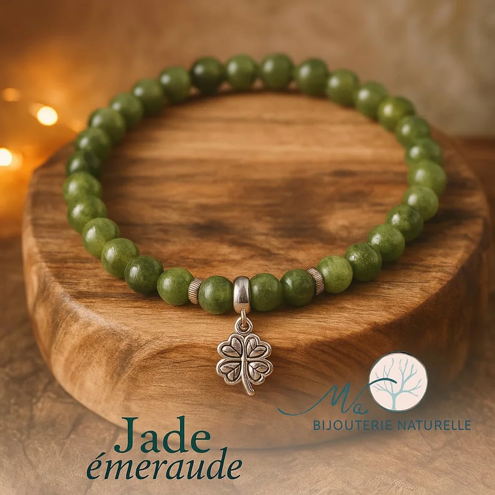 Bracelet Porte Chance Pierres Naturelles Jade Émeraude Qualité AAA Pendentif Trèfle à Quatre Feuilles Acier Inoxydable Argenté Perles Rondes 6 mm