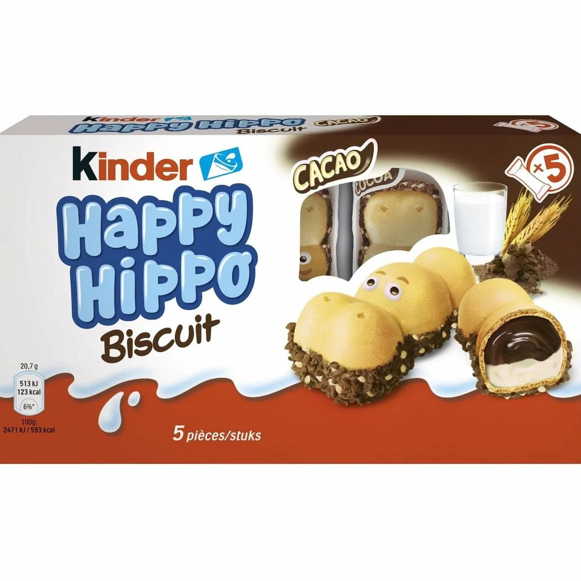Lot de 6 unités *** KINDER Happy Hippo Biscuits et cacao 5 sachets fraîcheur 103,5g*** soit un format carton de 6 unités ***