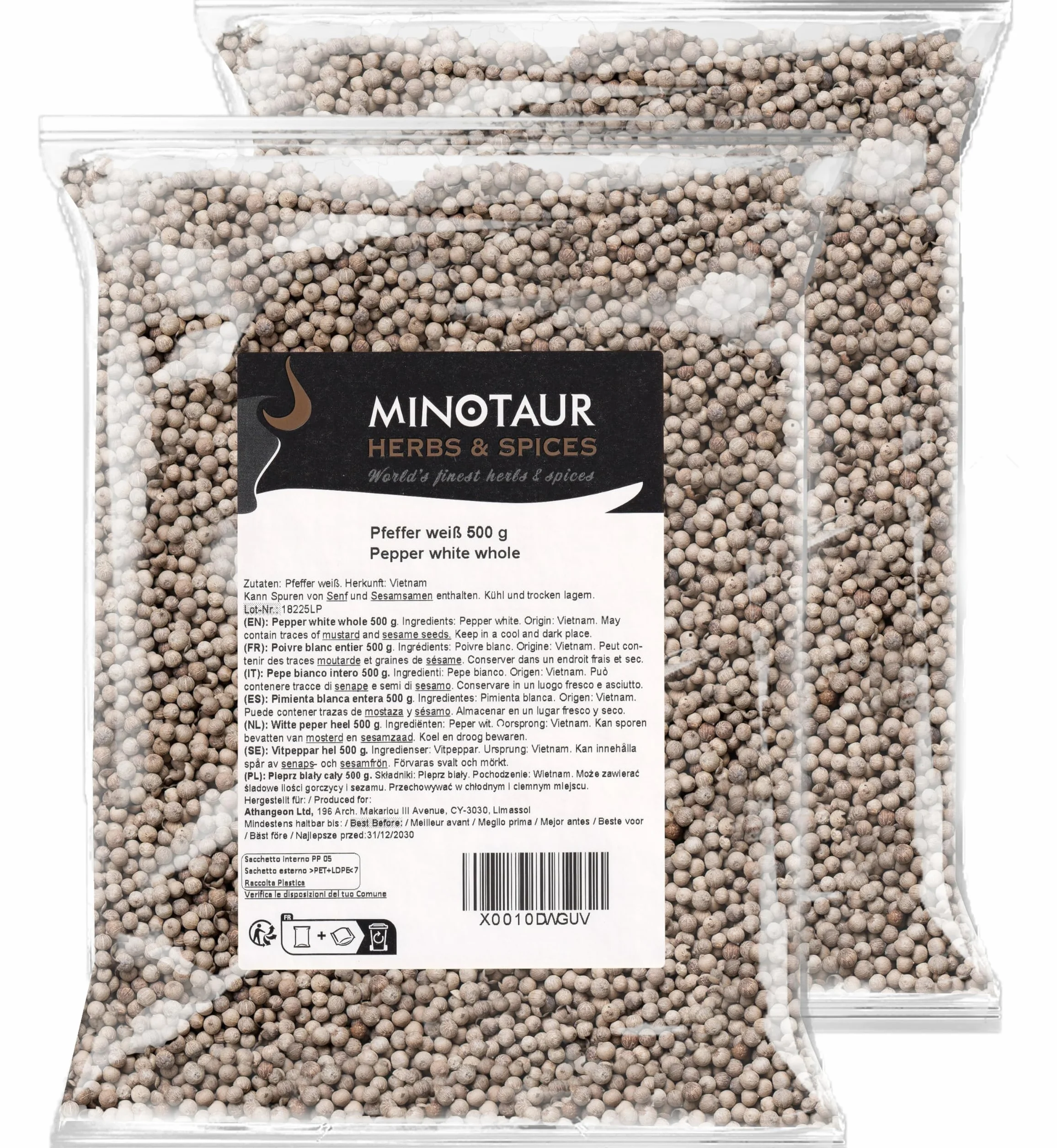 Minotaur Spices | Poivre blanc entier, Poivre blanc en grains, 2 x 500 g (1 Kg)