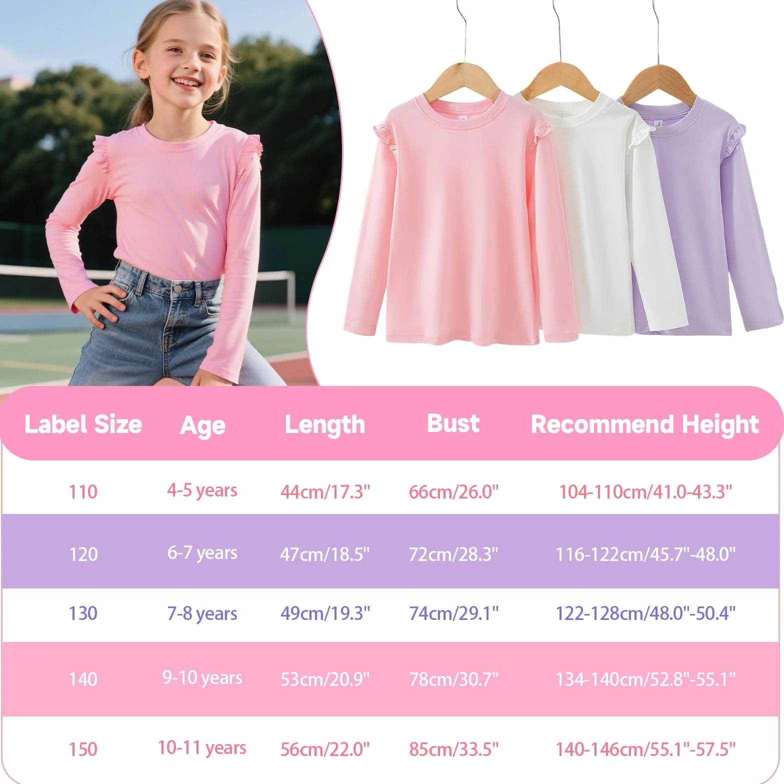 JinBei T-shirt Fille Coton Col Rond Manches Longues Volanté Doux Tops Couleurs Unies Enfants 4-11 Ans