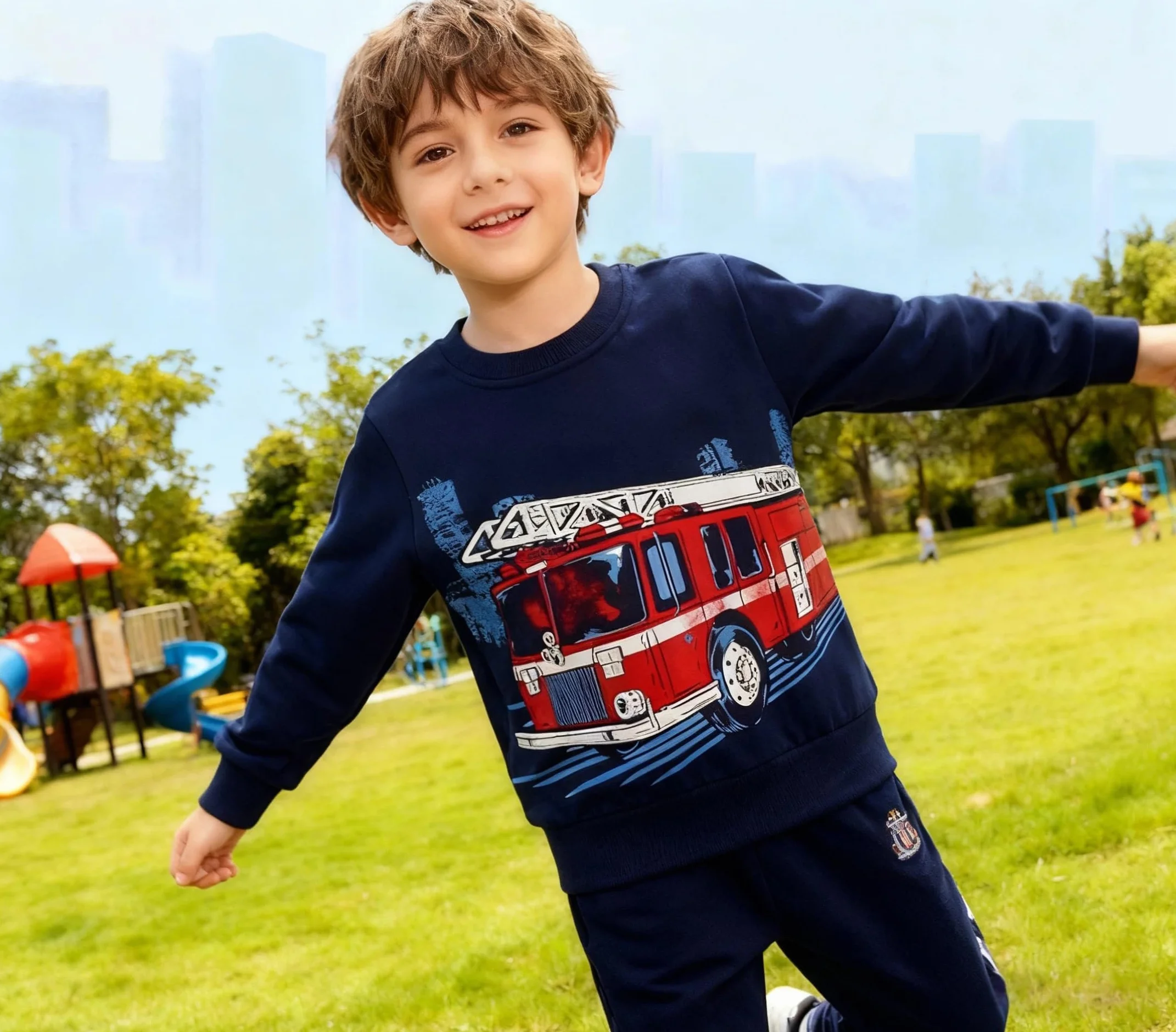 Sweatshirt Garçon Col Rond Dinosaure Excavateur Pull Enfant Coton 2-7 Ans