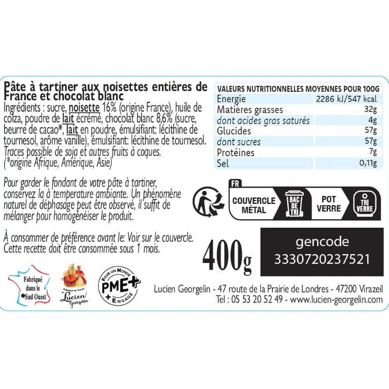 Lucien Georgelin Pâte à tartiner noisettes & chocolat blanc 3x400g | Noisettes de France