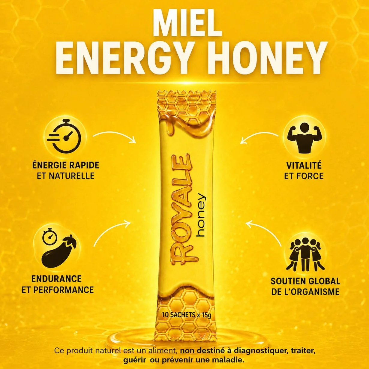 MIEL OR PRODUIT ALIMENTAIRE ROYALE 100% NATUREL INTENSE POUR HOMME EN STICKS - GINSENG FORMULE EFFICACE 10 SACHETS INDIVIDUELS FORMAT PRATIQUE