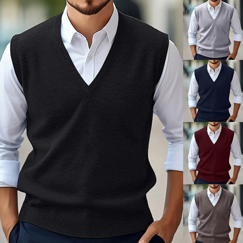 Pull en Tricot pour Homme Gilet Col en V sans Manches Classique Slim Fit Business