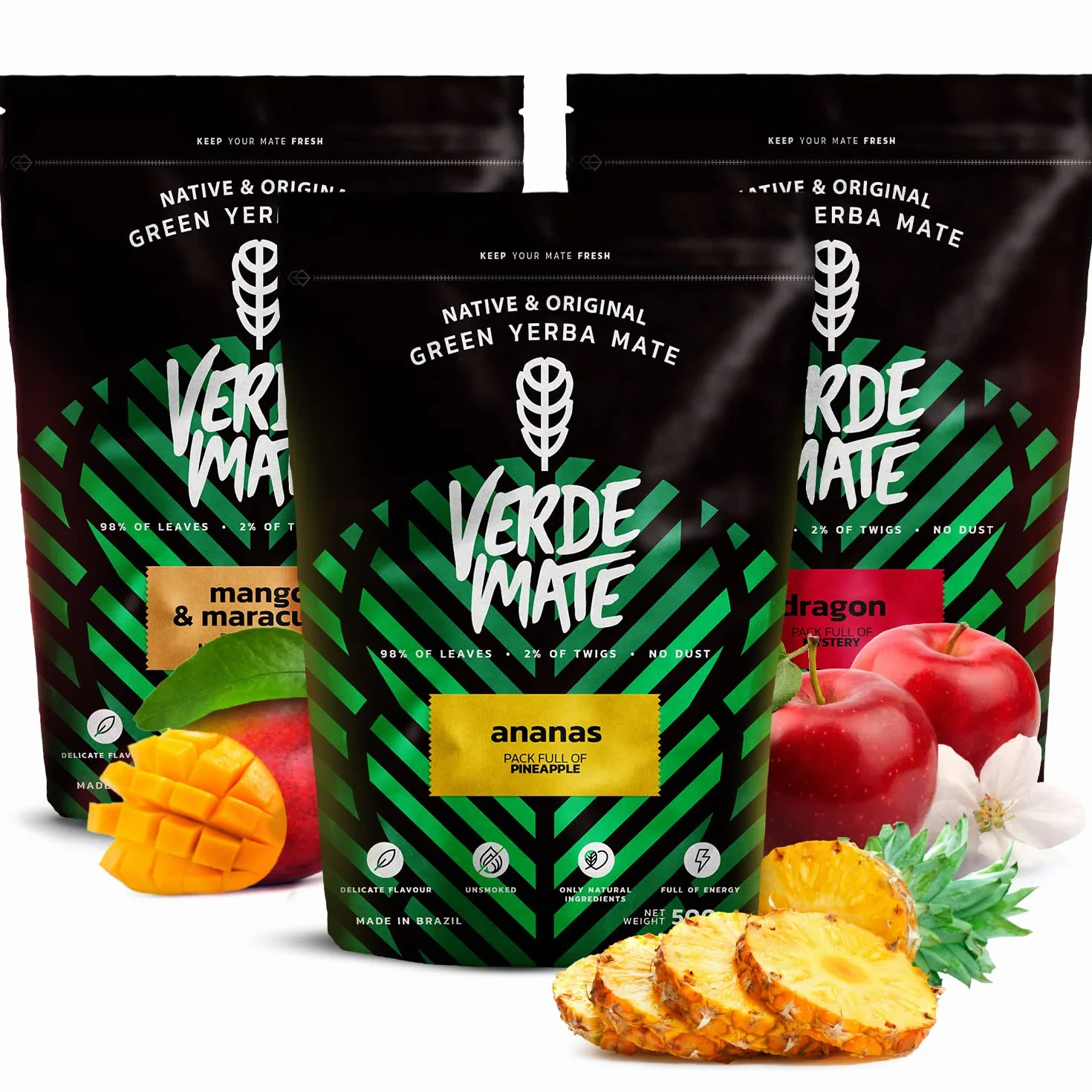 Verde mate Yerba maté fruité | aux fruits Green Mango & Maracuya, Ananas, Dragon brésilien vert Goût doux Café naturel Thé 3 x 500 g 1500g
