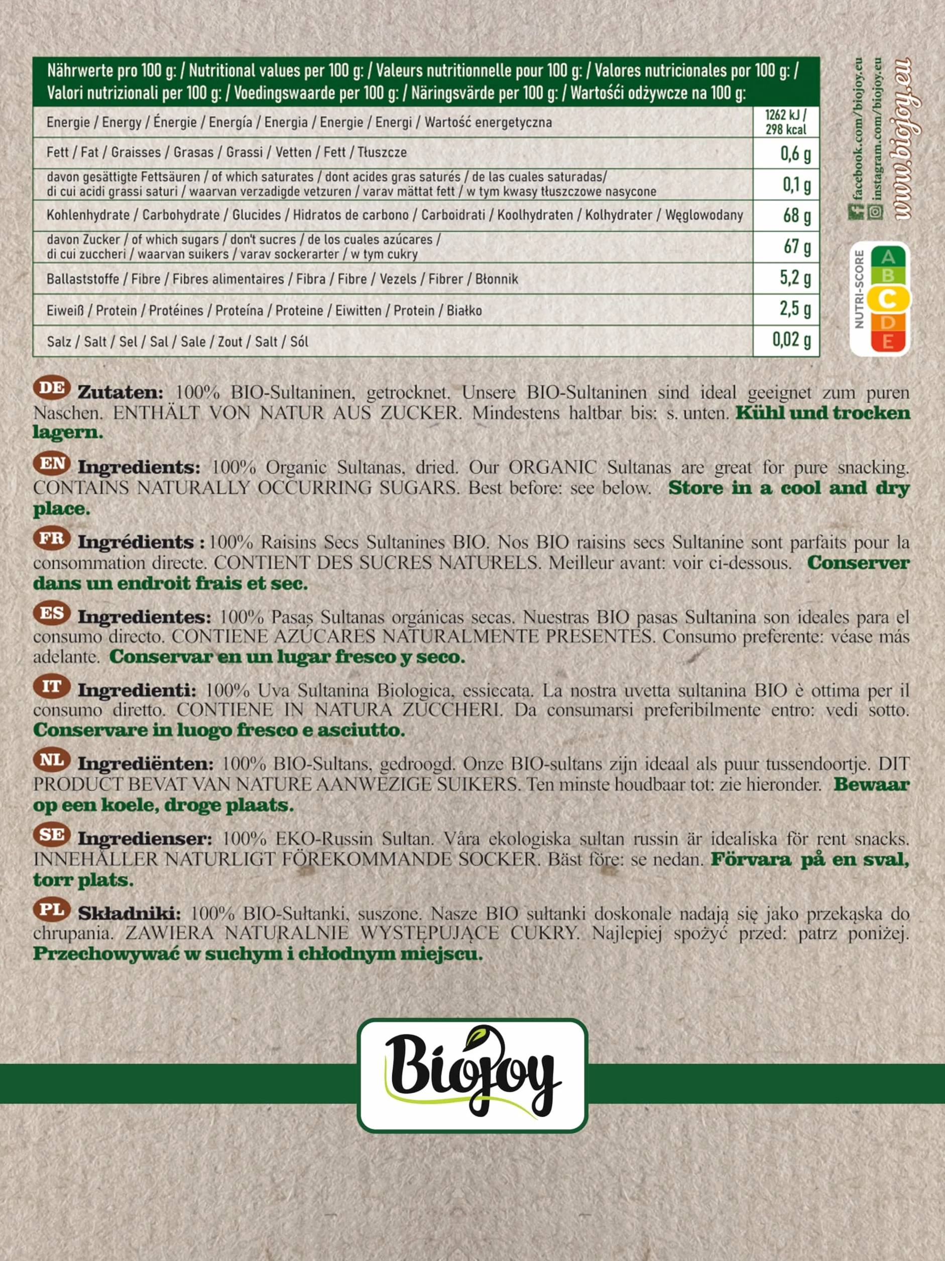 Biojoy Raisins secs Sultanine BIO (1 kg), entières et sans additifs