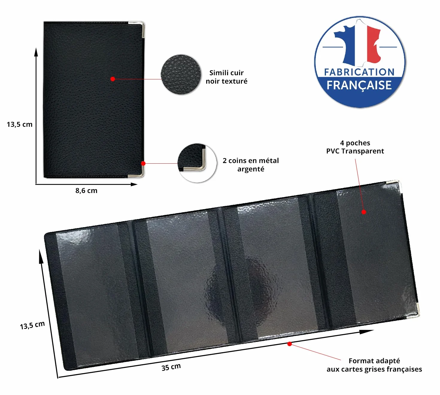 Porte Carte Grise 4 Volets en Simili Cuir – Étui Documents Véhicule, Assurance & Permis – Fabriqué en France – Noir