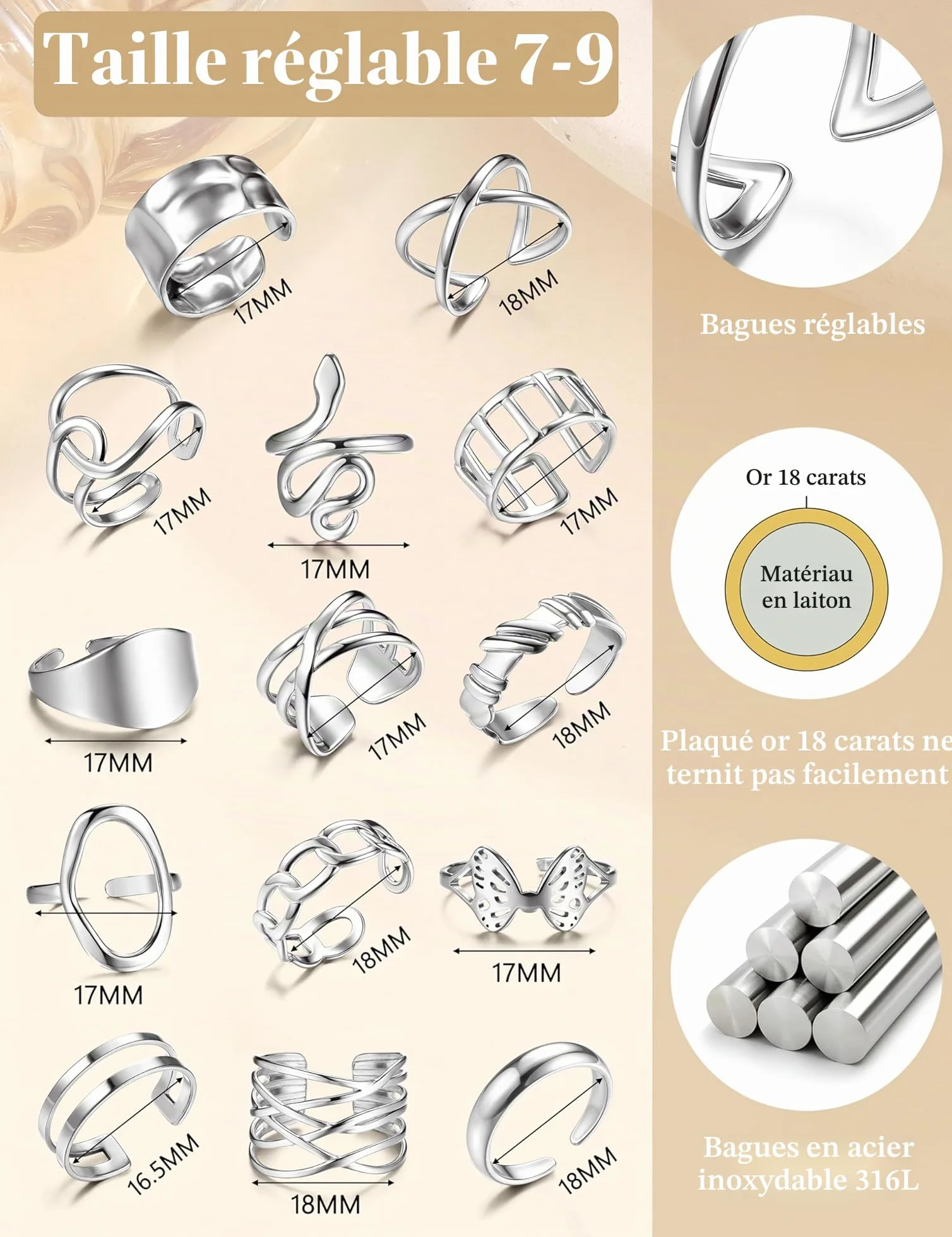 LOLIAS 14 Pièces Bague Femme Or Argent Plaqué Acier Inoxydable Lot Bague Ouvert Pouce Knuckle Ajustable Bijoux