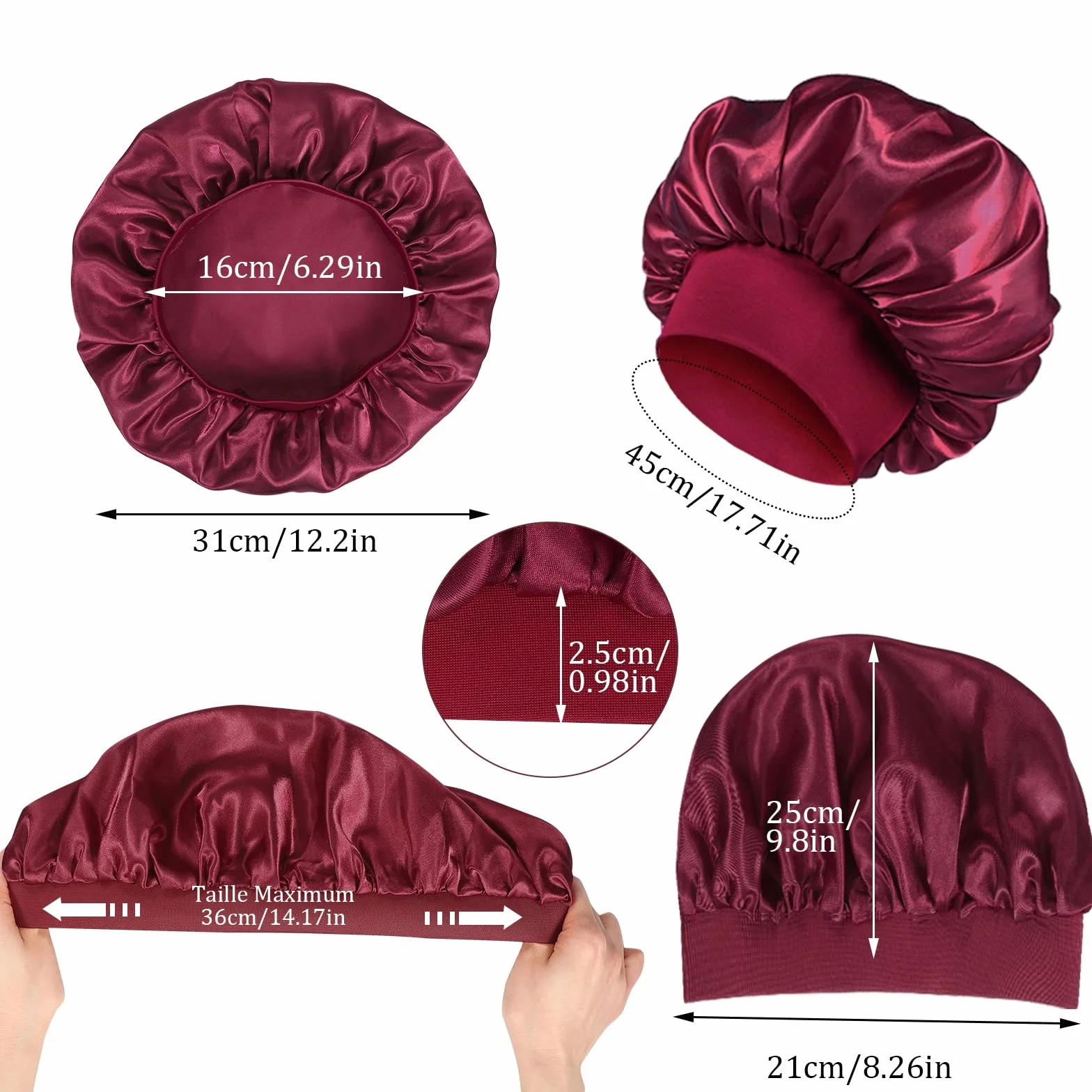 Bonnet Satin Cheveux Nuit pour Femme Élastique Soin des Cheveux 4 Pcs Noir Cyan Café Vin Rouge