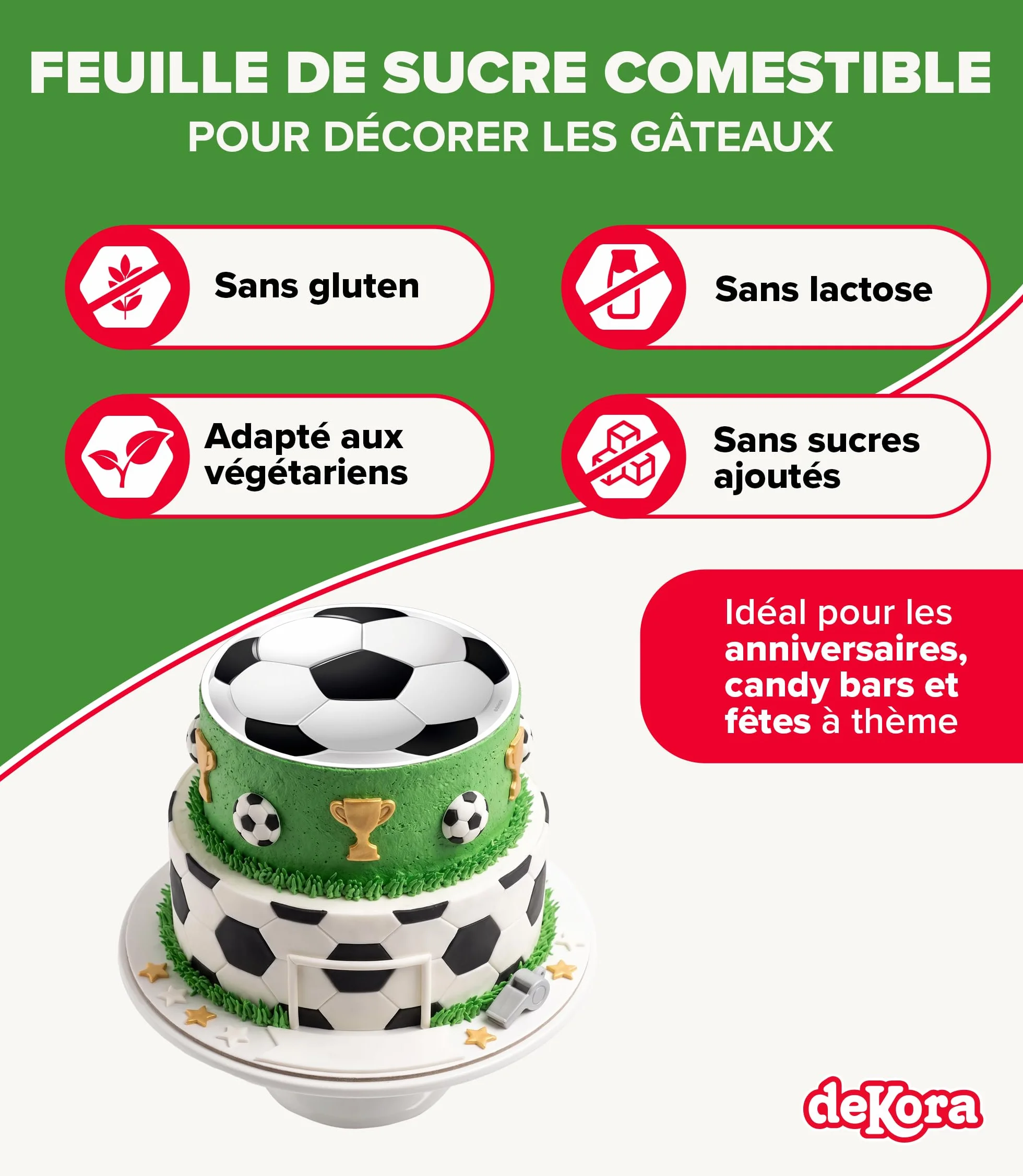 dekora - Décoration pour Gâteau d'Anniversaire d'Enfants - Disque Comestible Sans Sucre Ballon de Football | Diamètre 15,5 cm