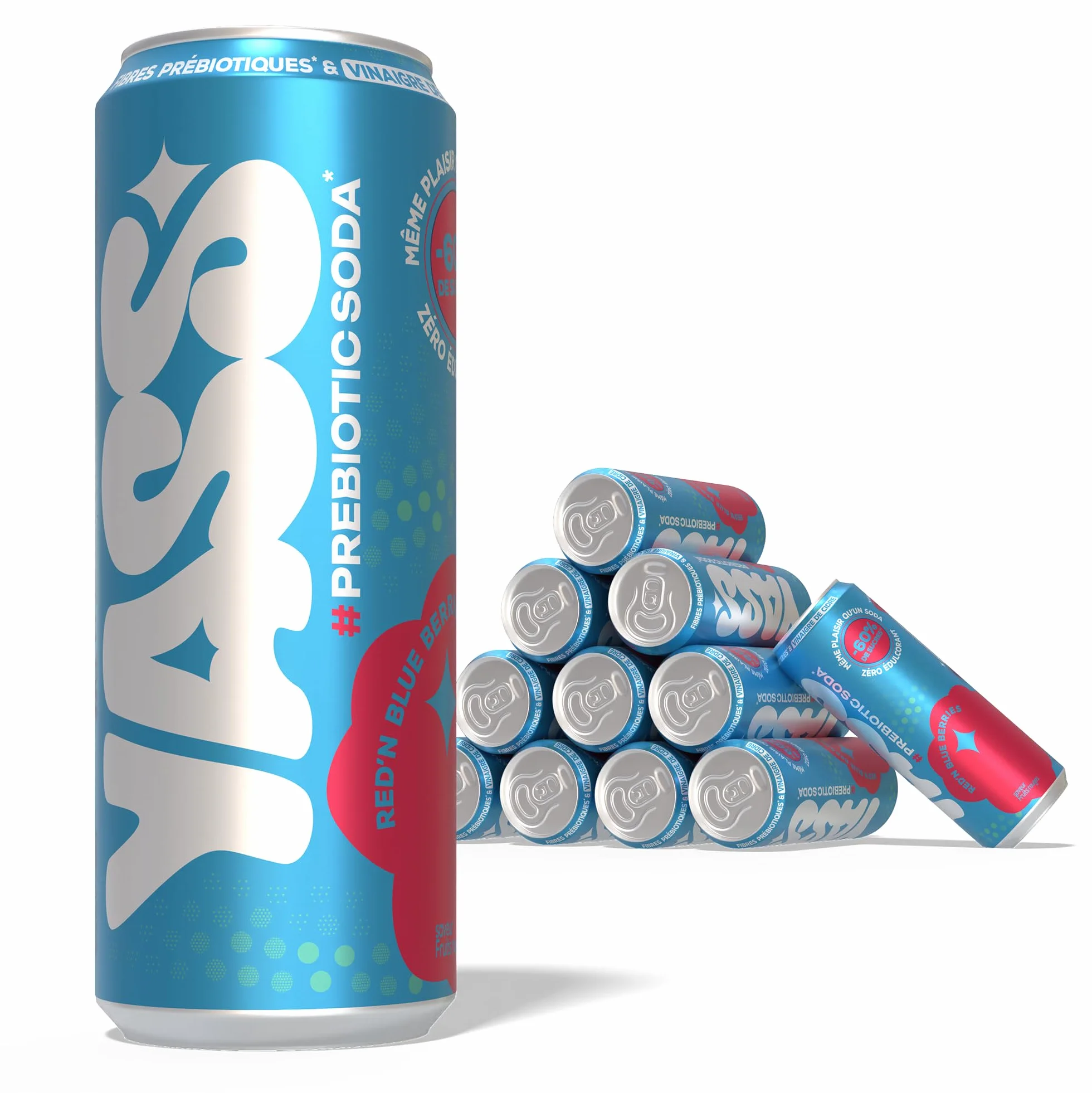 YASS Soda Prébiotique - Saveur RED'N BLUE BERRIES - Le Soda Sain & Stylé qui Prend Soin de Ton Ventre 6.6g de Fibres et -60% de sucre-12 canettes de 33cl