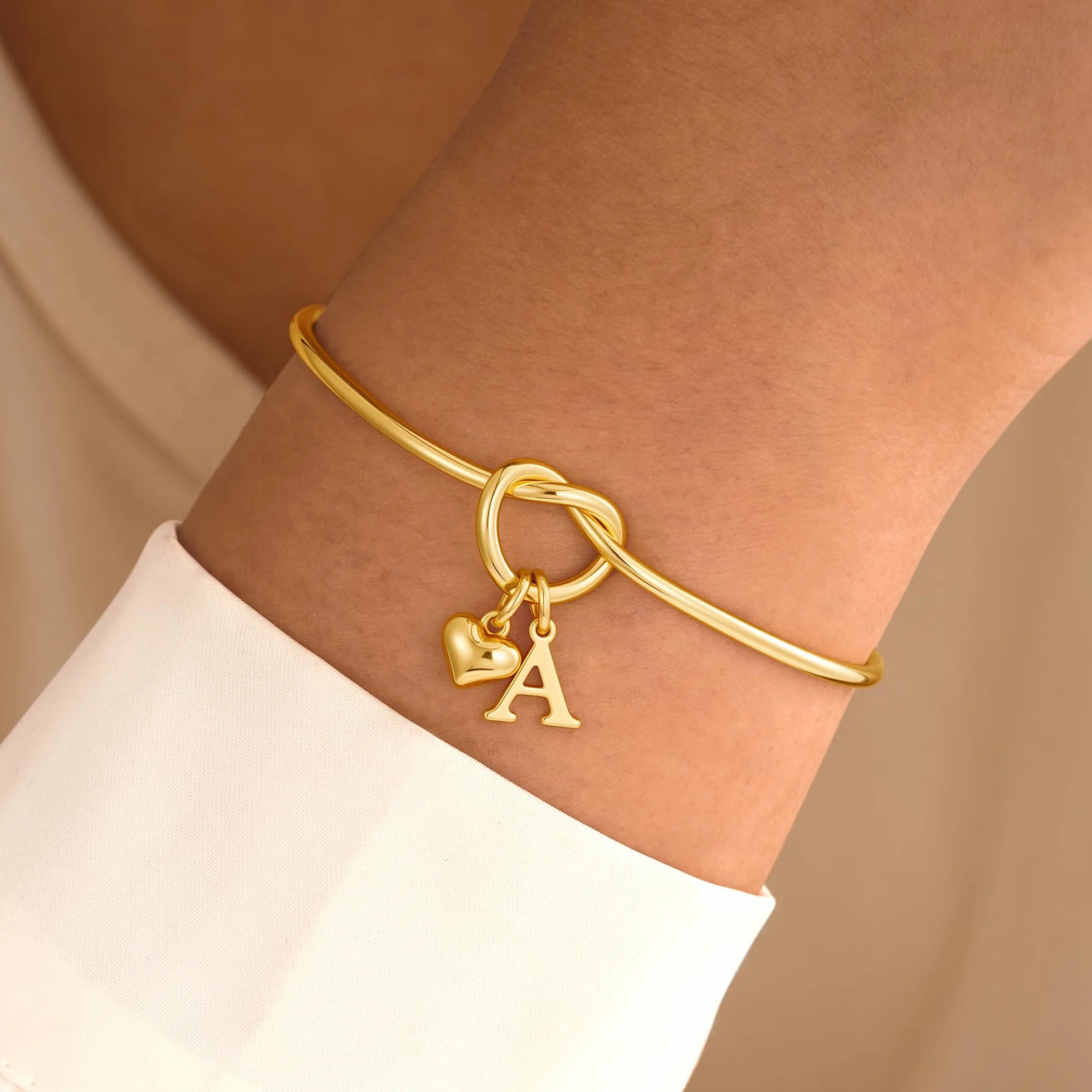 TINGN Bracelet avec initiale en or pour femme plaqué or 14 carats cœur personnalisé nœud d'amour