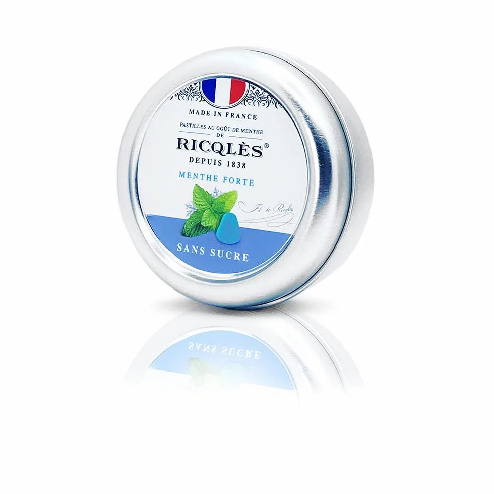 RICQLES-PASTILLES MENTHE SANS SUCRES Haleine Fraîche Mal des transports Goût menthe forte Boîte en métal 45g