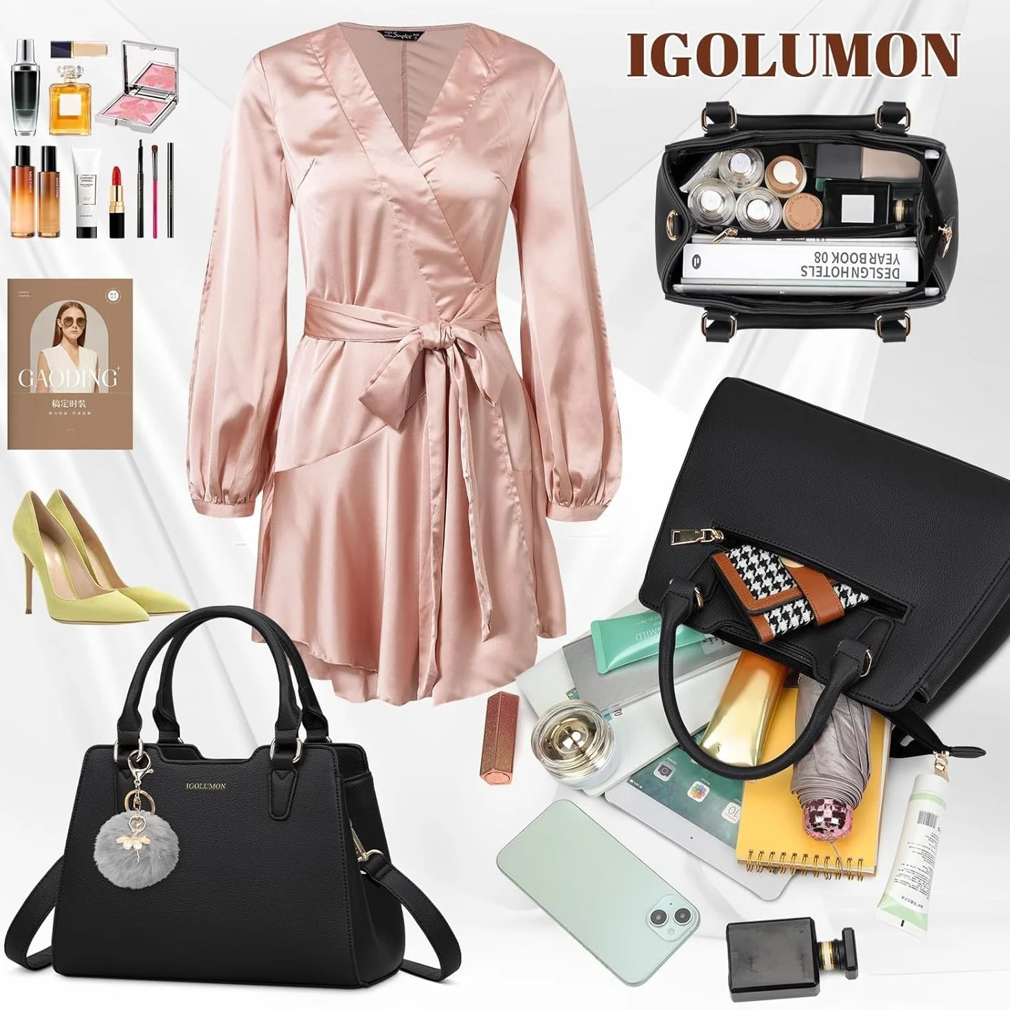 IGOLUMON Sac à Main Femme Cuir Bandoulière Sac Fourre Tout Sacoche pour Université Travail Noir