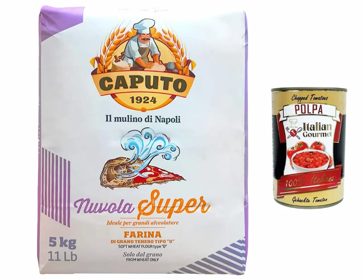 Italian Gourmet Farine de Blé Tendre Type 0 5 kg, Farine Professionnelle pour Pizza, Pinsa, Focaccia et Pâtes à Longue Fermentation, Idéale Grandes Alvéoles, Nuvola Super + Italian Gourmet Polpa