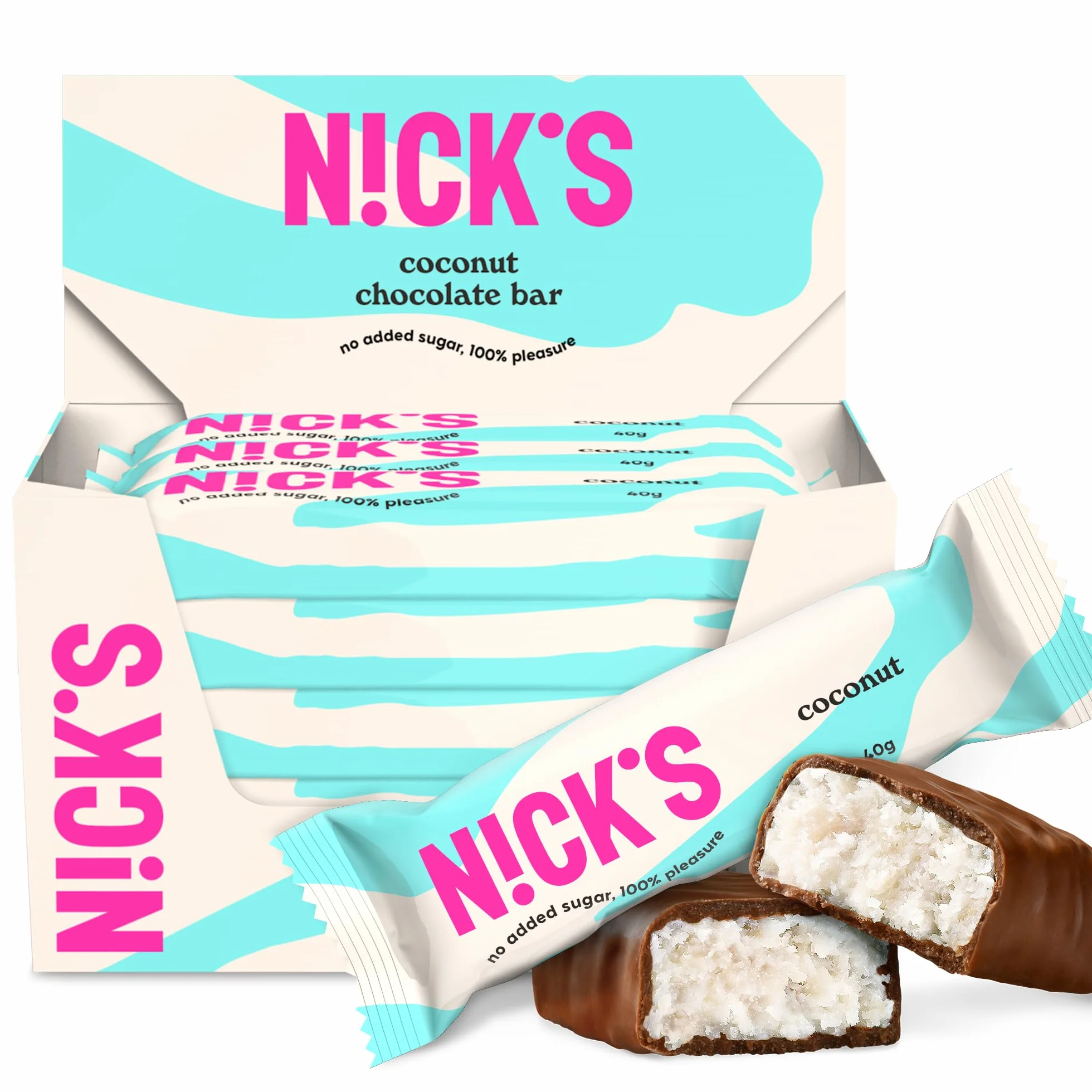 NICKS Barre Keto Noix de Coco au Chocolat Sans Sucre Ajouté, Sans Gluten, Sans Huile de Palme, 175 Calories, 2 g Glucides nets, Low carb Coconut chocolate bar (15x40g)