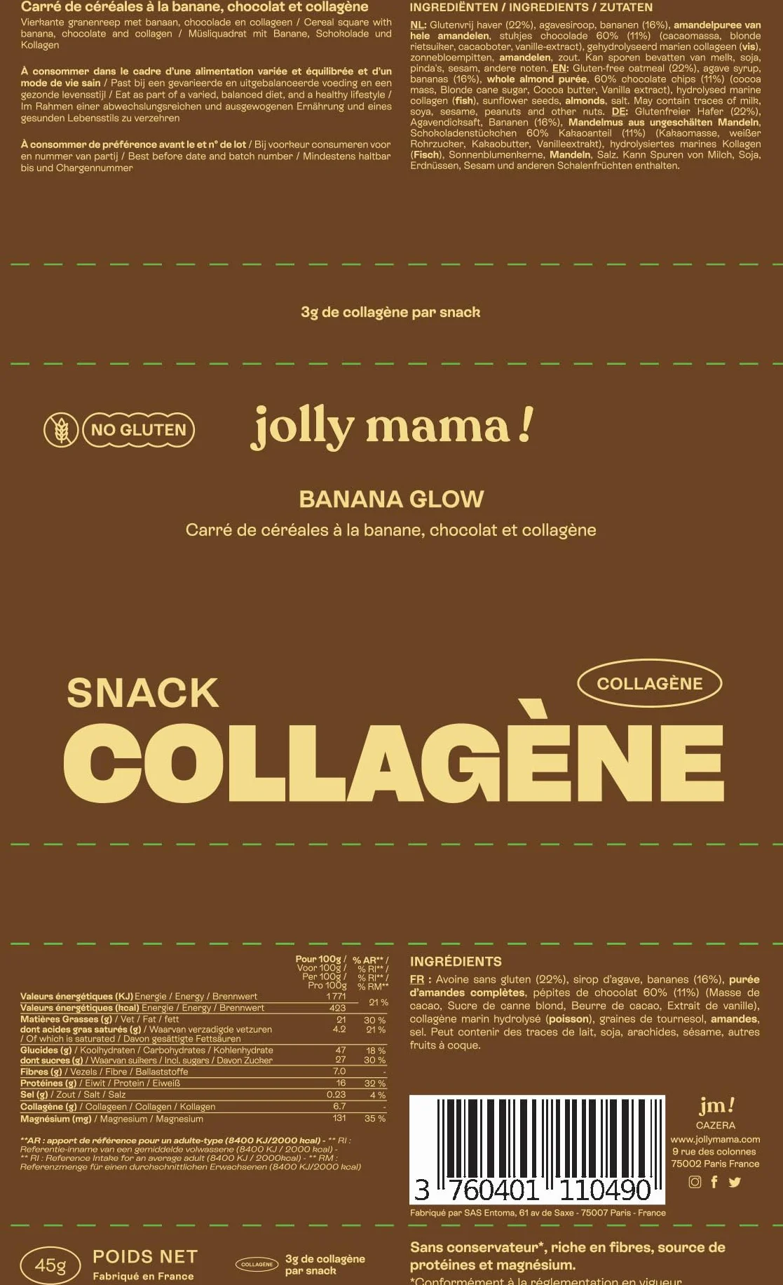 Jolly mama! Lot de 12 Barres Protéinées Collagène Banana Glow | Céréales, Banane, Pépites de Chocolat | Boost Cheveux & Peau | Sans Gluten | Compatible Grossesse et Allaitement