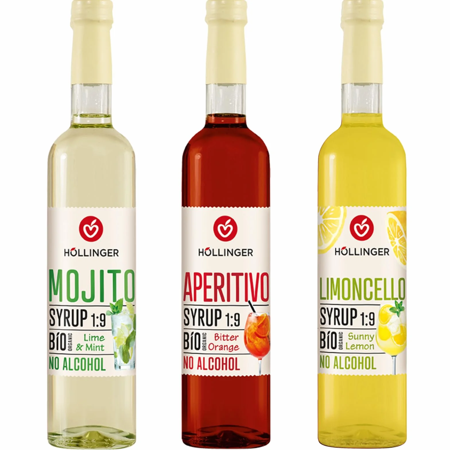 Höllinger Lot de 3 Sirops Bio Sans Alcool, Mojito Citron Vert & Menthe, Aperitivo Orange Amère, Limoncello Citron, 500ml Chacun, Ratio 1:9