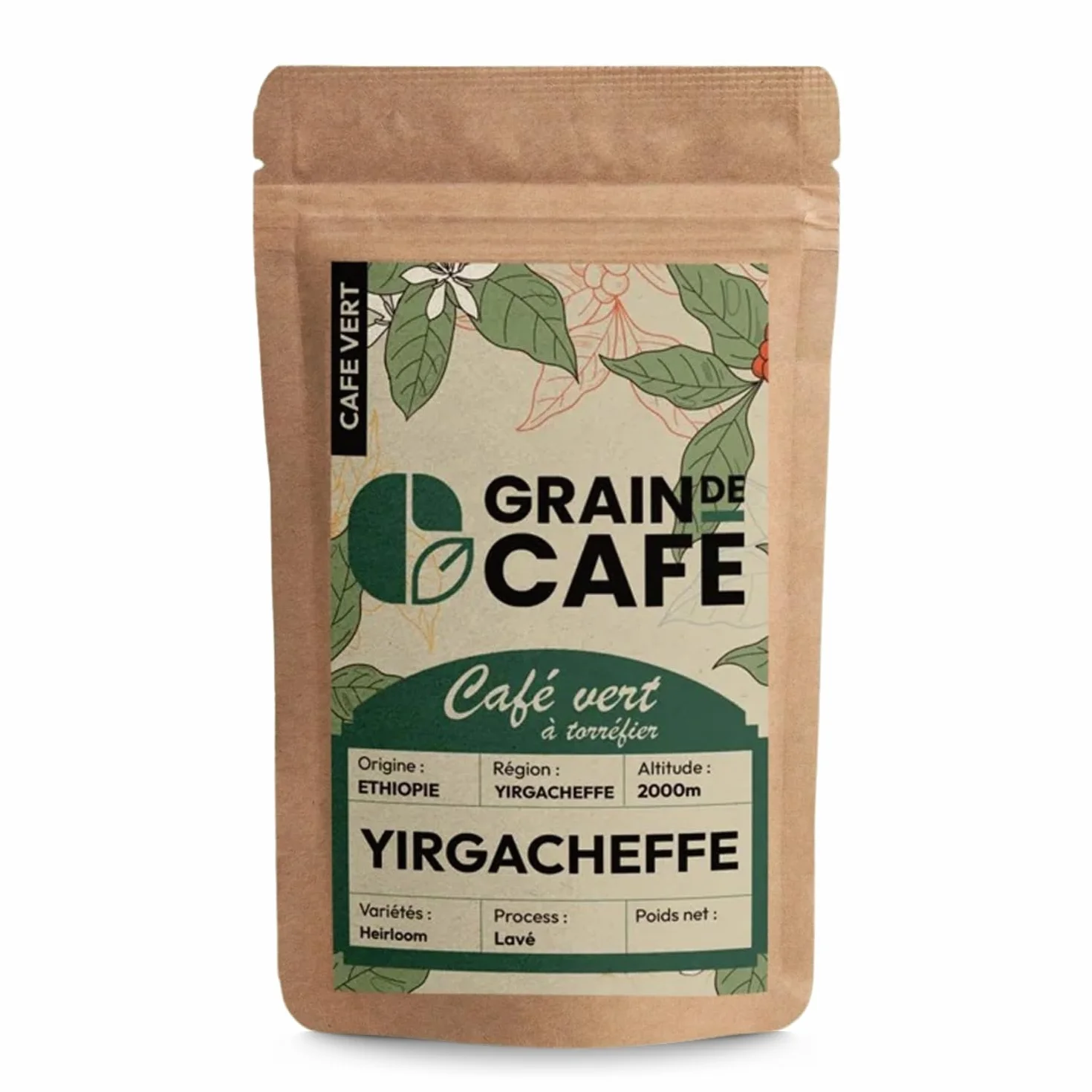 Graindecafé – Café Vert Éthiopie Moka Yirgacheffe 1kg | 100% Arabica Lavé Non Torréfié | Floral Et Fruité | Notes De Bergamote Et Jasmin | Idéal Machine À Grain Une Fois Torréfié