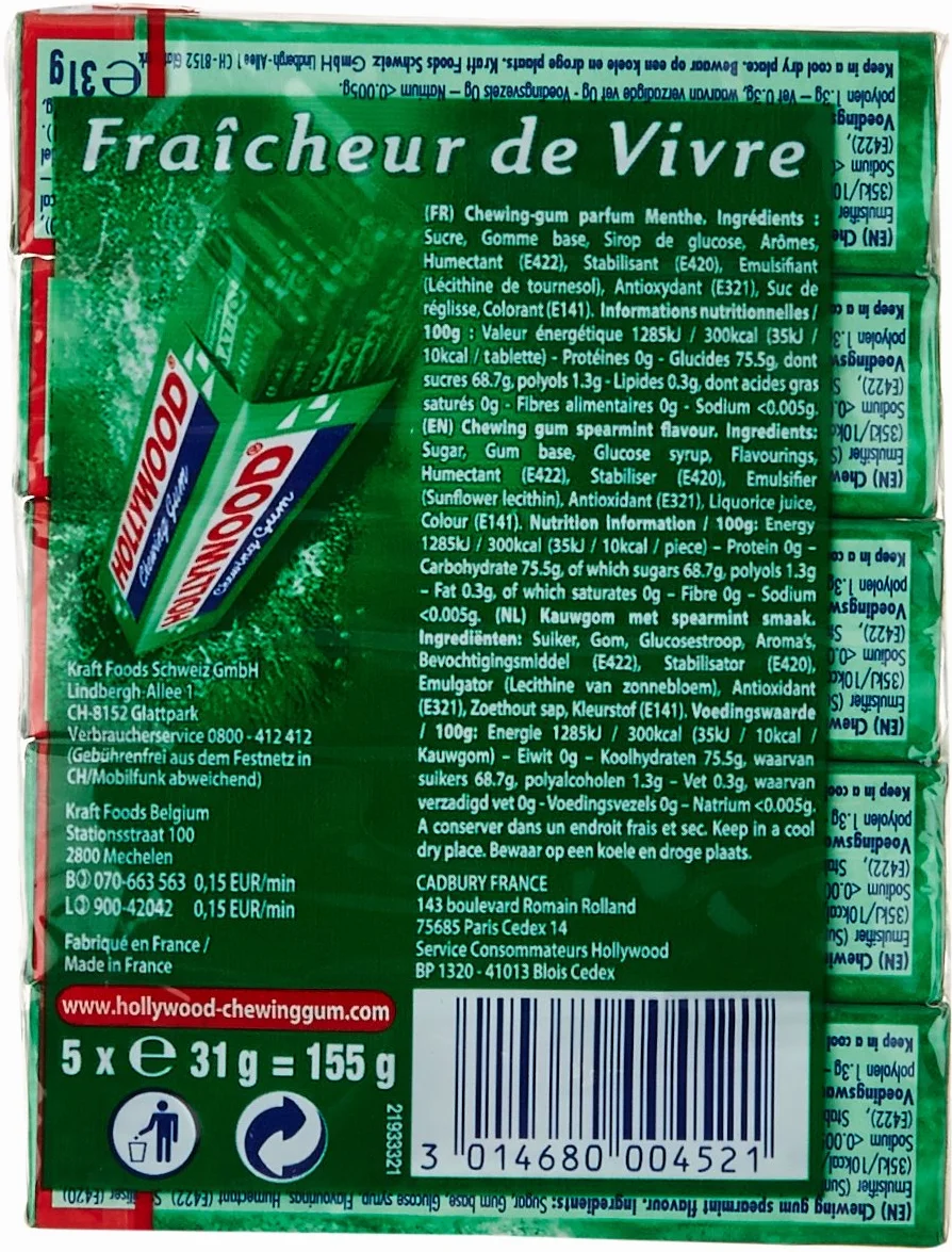 Hollywood Chewing gum Chlorophylle 5 paquets 11 tablettes