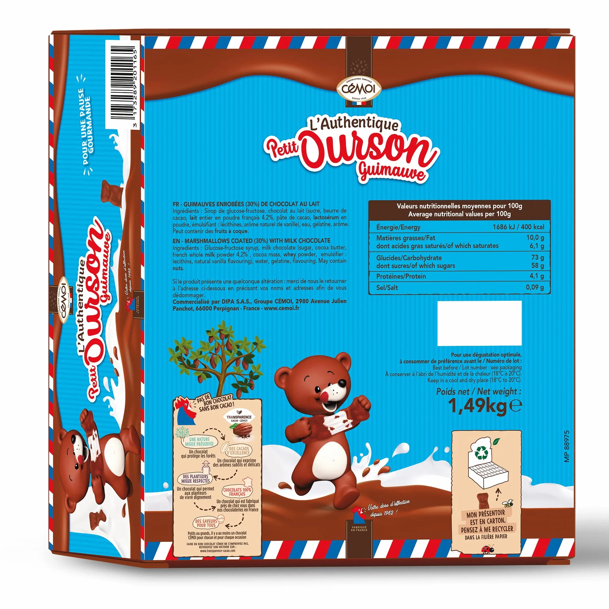 Cémoi - Présentoir L’Authentique Petit Ourson Guimauve, Chocolat au Lait – Fabriqué en France, 160 Pièces (1.49 kg)