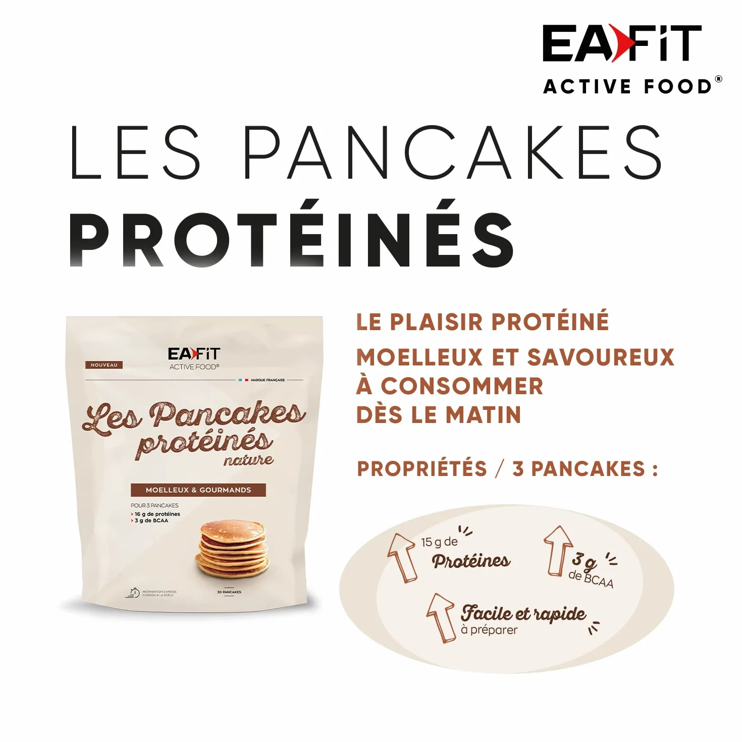 Les Pancakes Protéinés Nature - 400g - 16g de protéines - 3g de BCAA par portion de 3 PANCAKES - FAIBLE en Matières Grasses