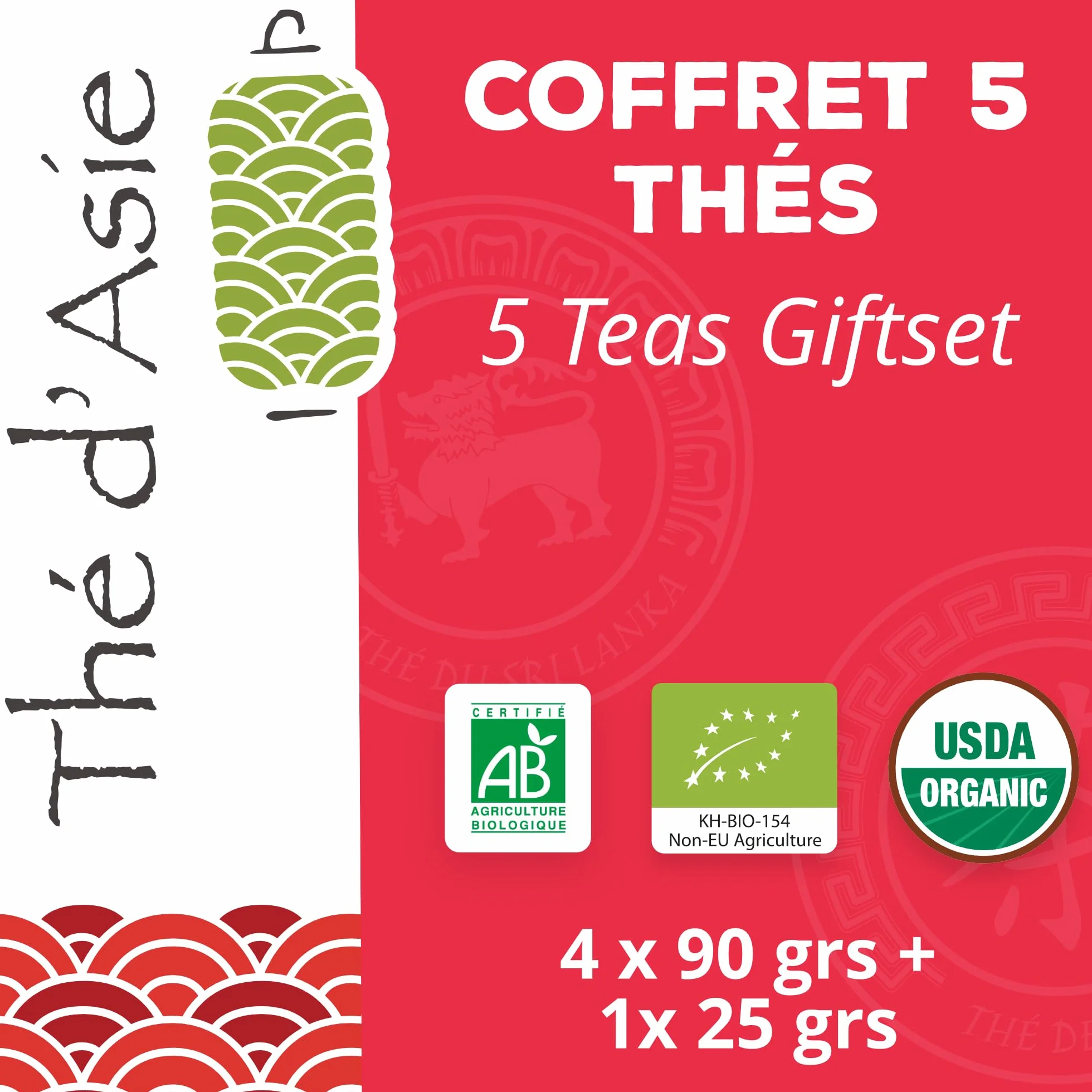 Khla - Coffret de 5 Thés Bio en Vrac - 5 Boites Métal - Coffret Cadeau à Offrir - Oolong, Pai Mu Tan, Breakfast OP, Sencha & Chun Mee - Thé Bleu, Vert Noir & Blanc - Tisane, Infusion
