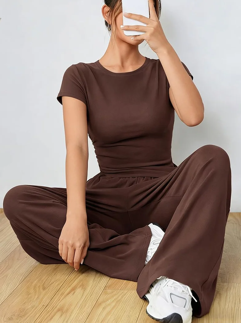 Ensemble Femme 2 Pièces Pantalon et Haut Fluide Manches Courtes avec Poches Loungewear Casual