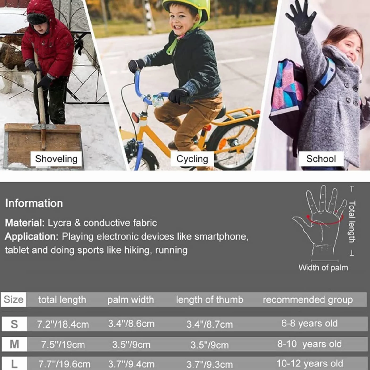 Gants d'hiver chauds imperméables écran tactile 6-12 ans garçons filles course à pied temps froid
