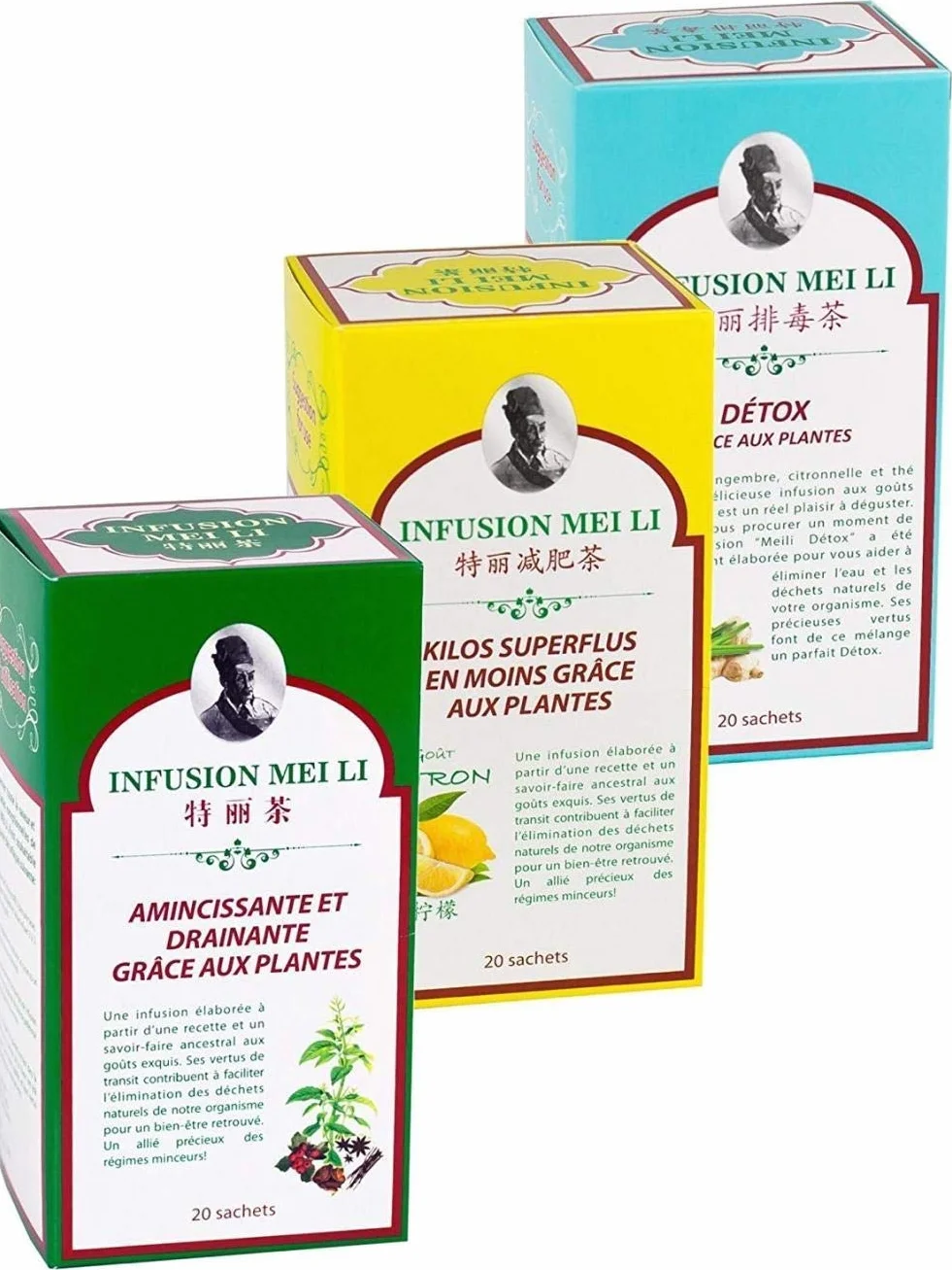 Assortiment de 3 thés MINCEUR - Infusion Mei Li - Fine Tonic # Amincissante et Drainante # Kilos Superflus en moins # Détox - 3 Boites de 20 Sachets