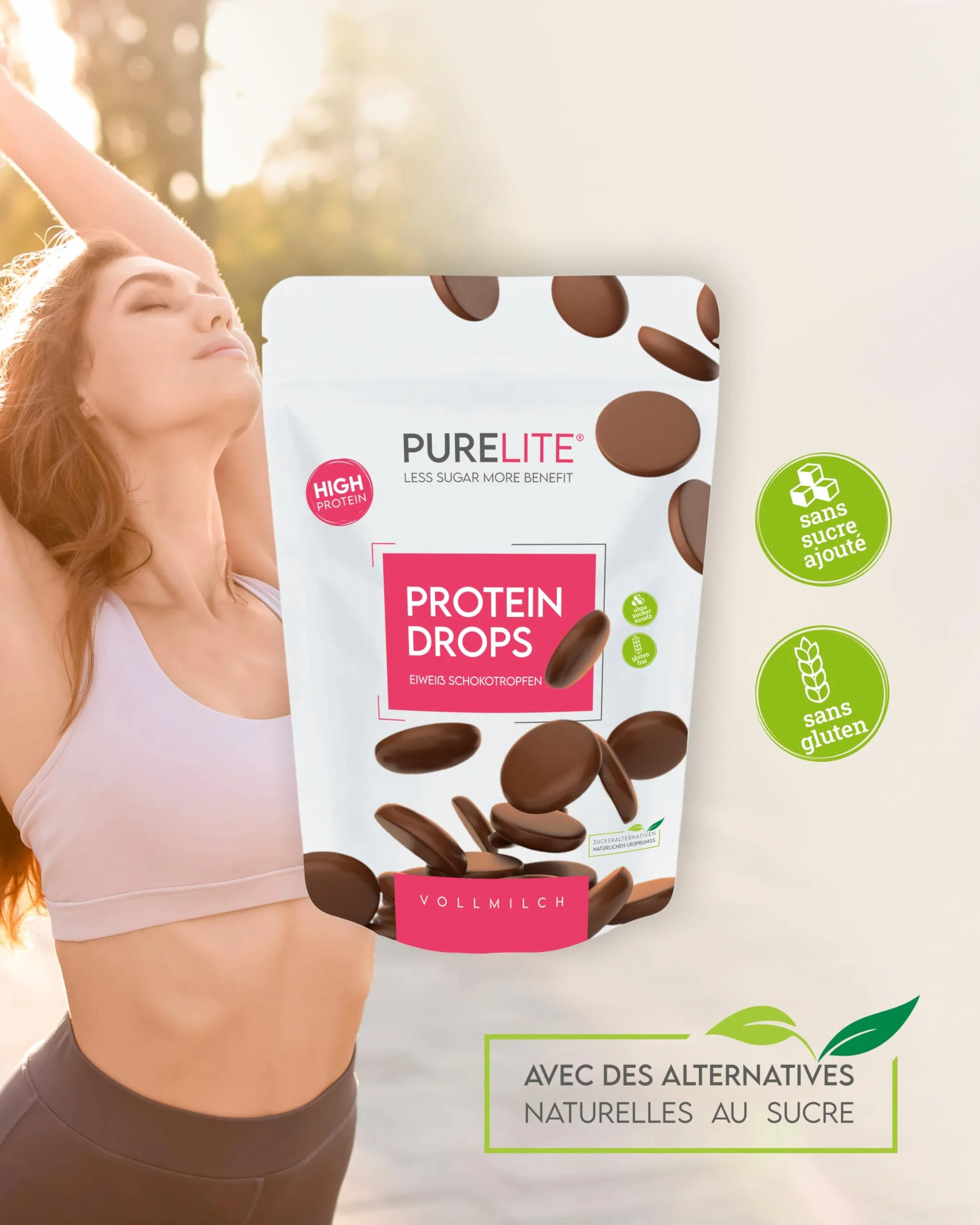 PURELITE Protein Drops au lait, végétarien, haute teneur en protéines 26g/100g, gouttes de chocolat sans sucre ajouté, érythritol, stévia, faible en calories, snack, cuisson, fonte, couverture, 450g