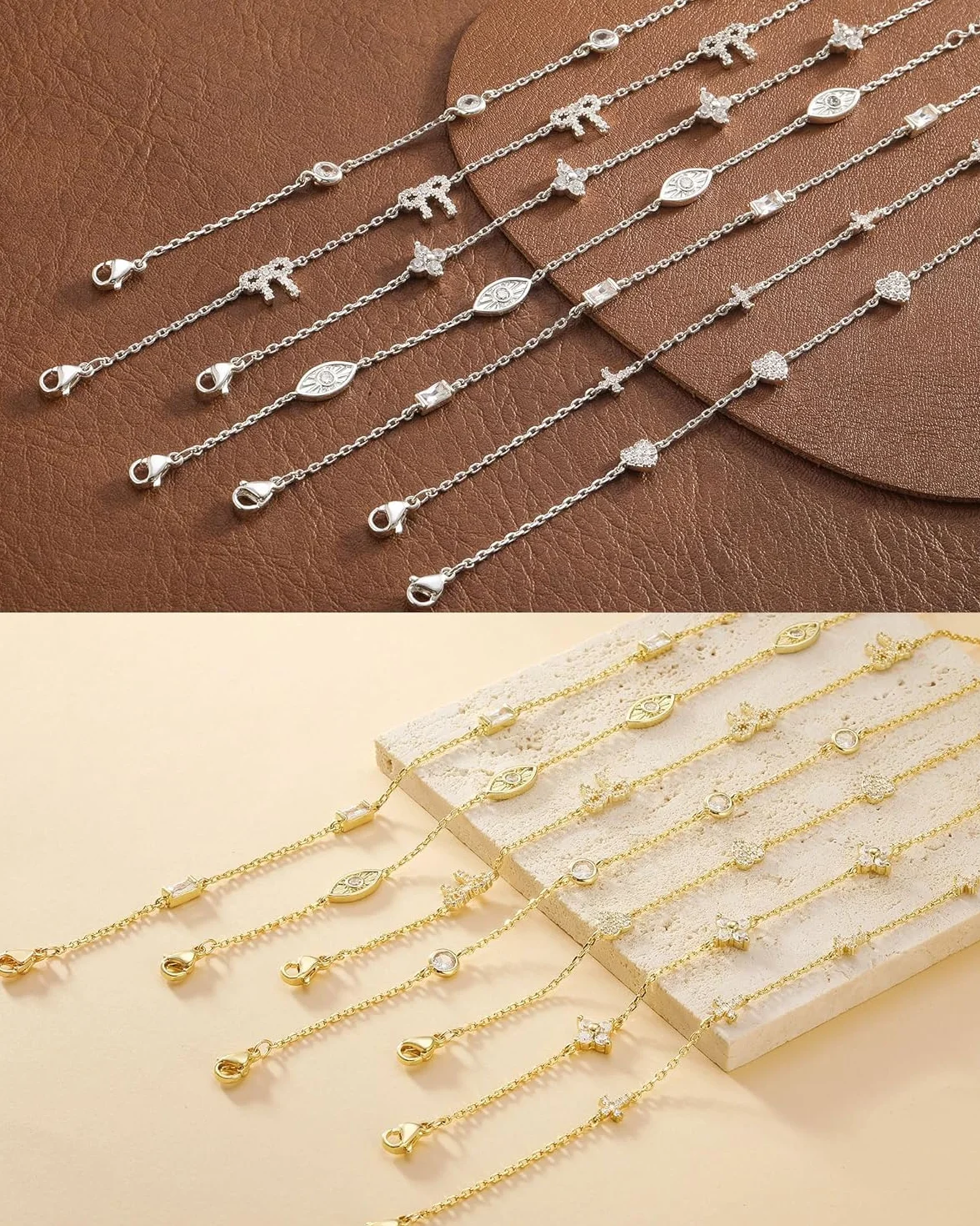Bracelet Femme Argent 925 Or 14k Plaqué Or Réglable Trèfle 4 Feuilles Croix Chrétienne Coeur Zircon Cubique