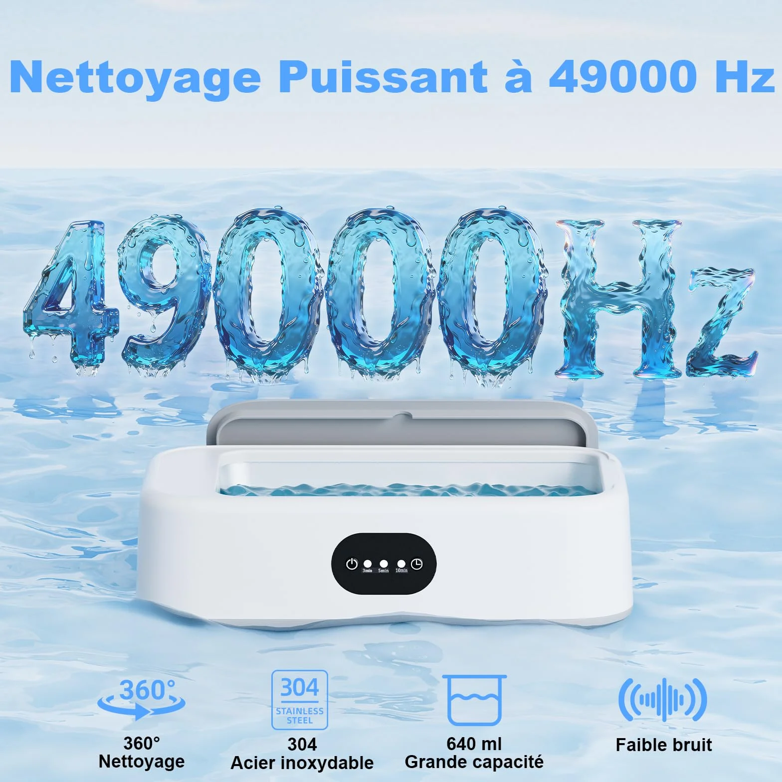 Nettoyeur Ultrasons 640 ml 49000HZ Bac à Ultrason Portable pour Lunettes, Bagues