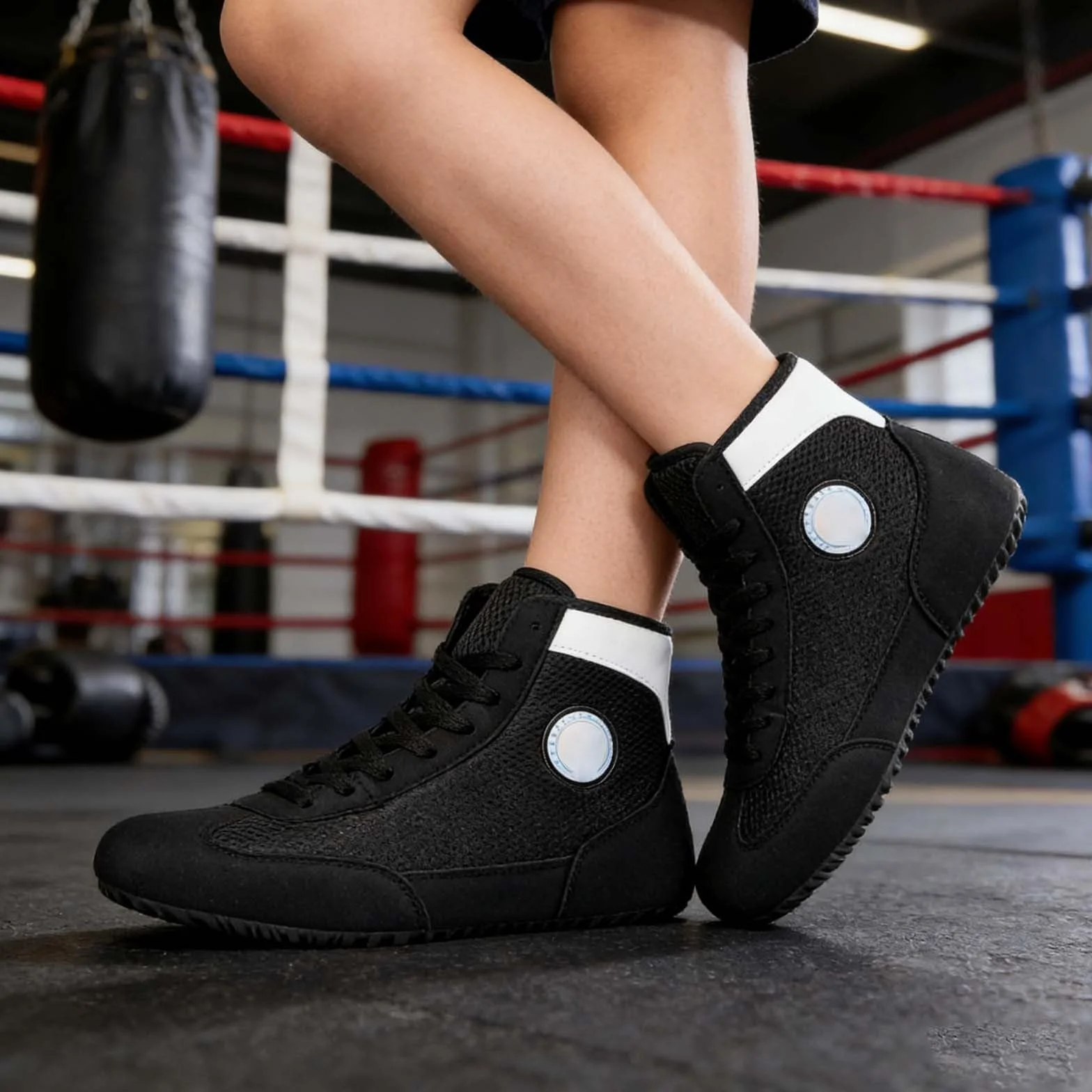 Chaussures de boxe d'entraînement hautes respirantes antidérapantes soutien cheville fitness