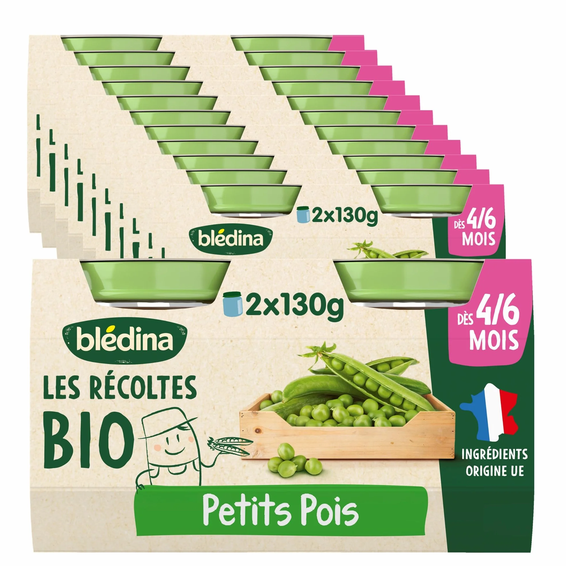 Blédina - Les Récoltes Bio - 24 petits pots pour bébé - Petits Pois dès 4/6 mois (Pack de 12x2 pots)