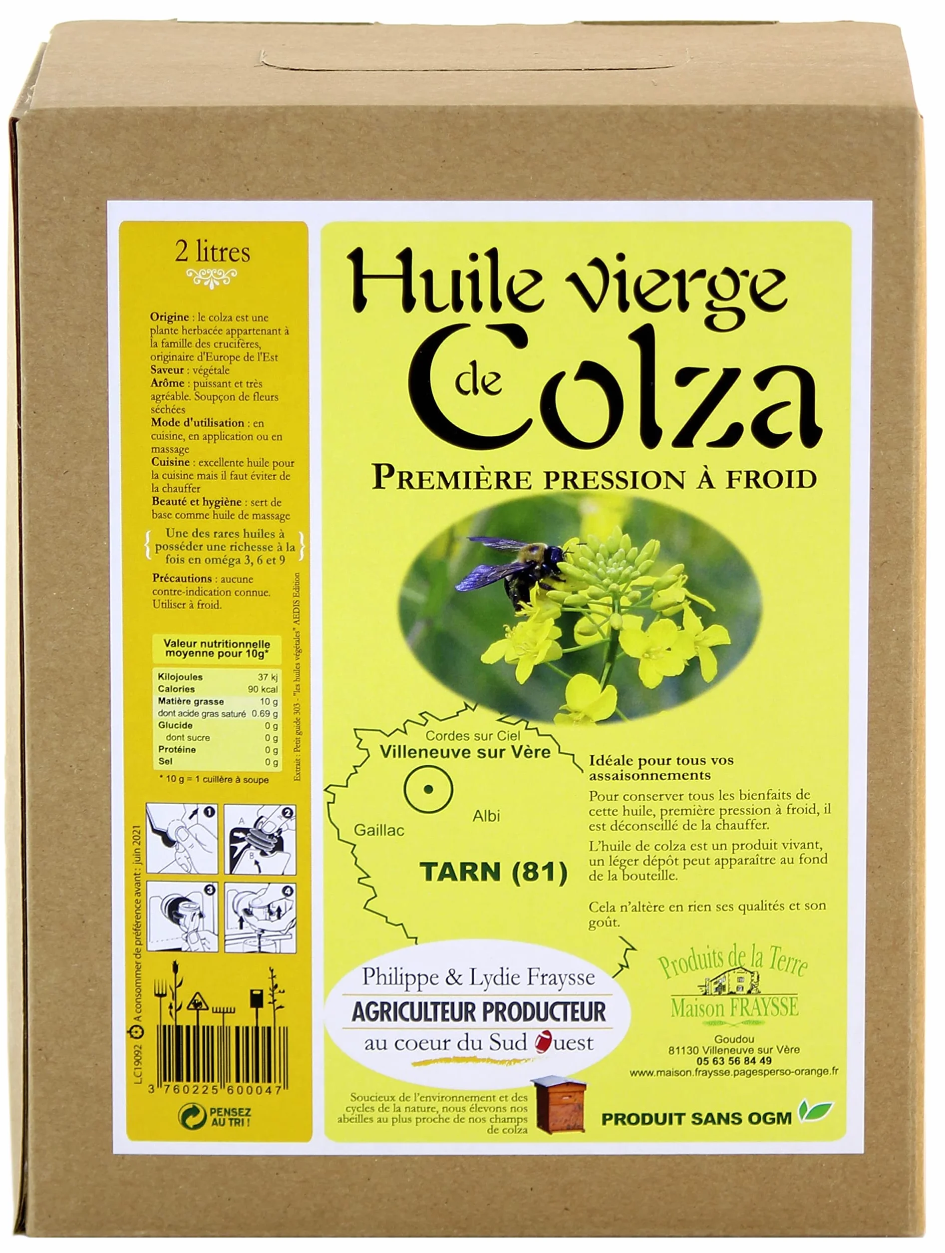 Huile de Colza Vierge en Bib de 2 litres - Première pression à froid - Origine France