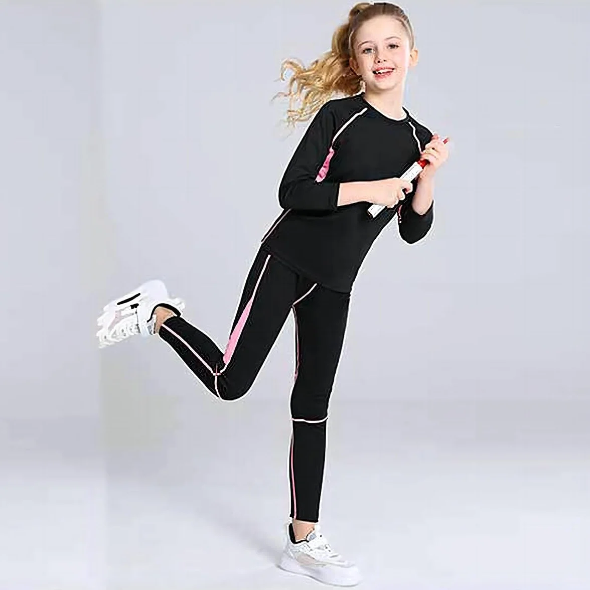 Linboo Survêtement de sport 2 pièces pour fille manches longues pantalon respirant élastique ensemble danse fitness enfants