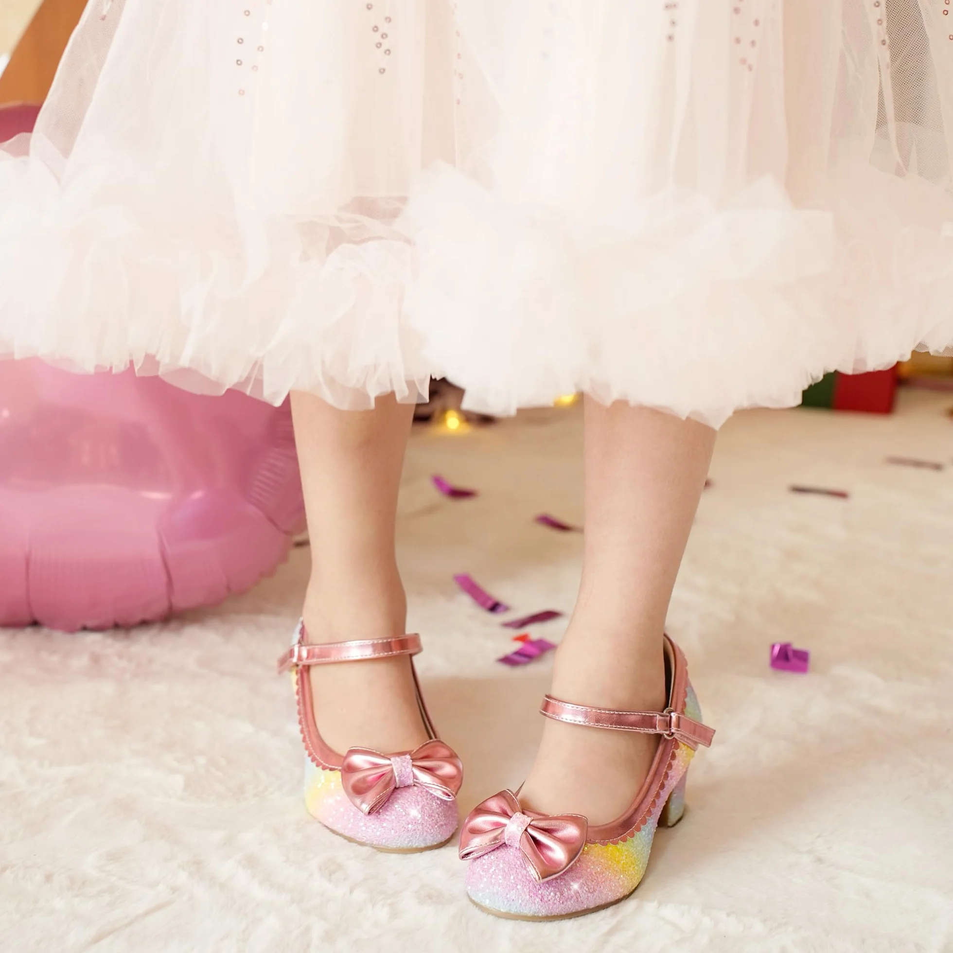 LAURMOSA Nœud Paillettes Chaussure Princesse Fille Mary Jane Talon Enfant Fête Cérémonie