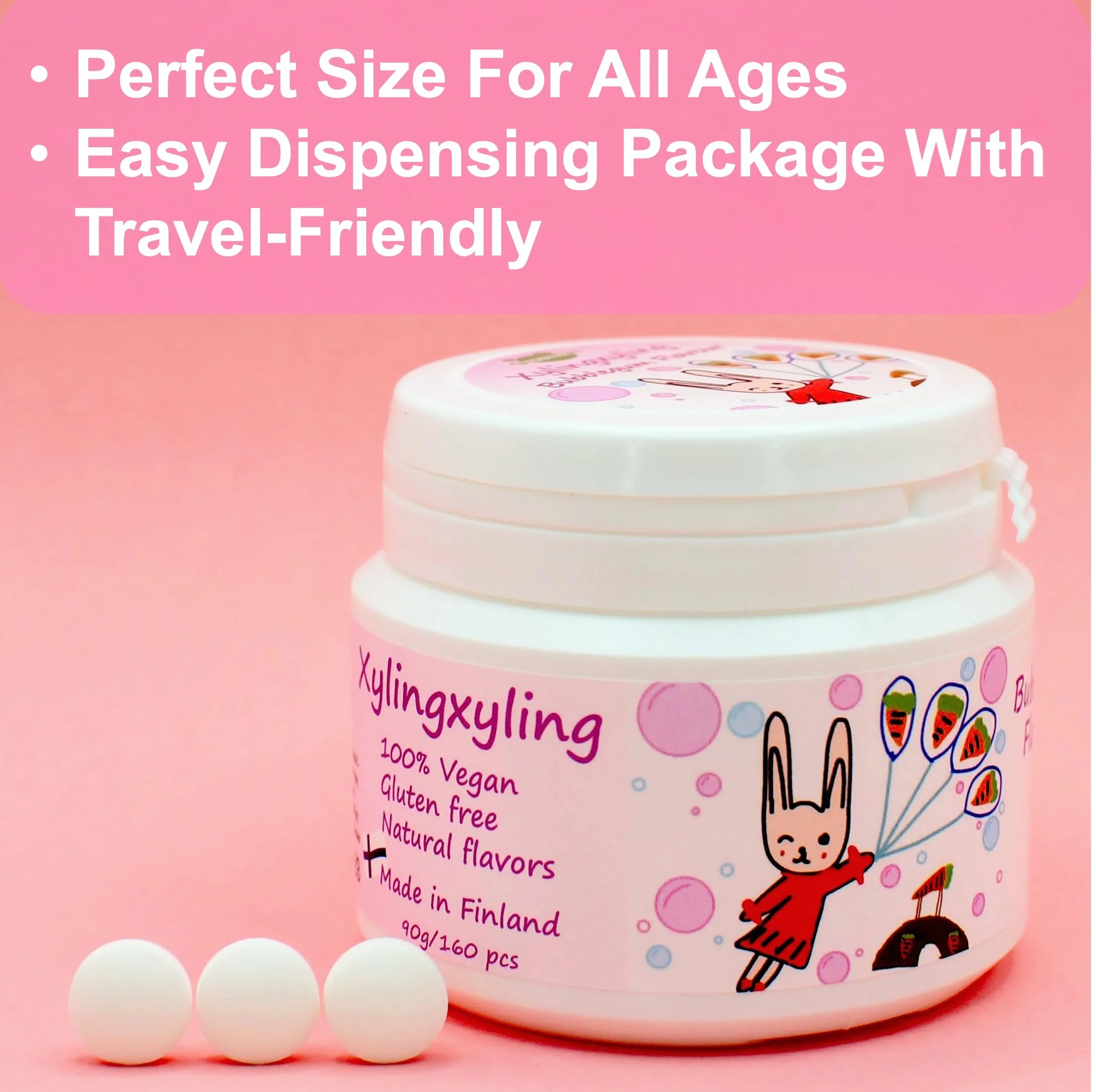 Xylingxyling - Pastille finlandaise au xylitol - 100% végétalienne, sans sucre, sans gluten, arômes naturels, soins dentaires et haleine fraîche, 90 g/160 pièces (goût bubblegum) (4 paquets, 4, unité)