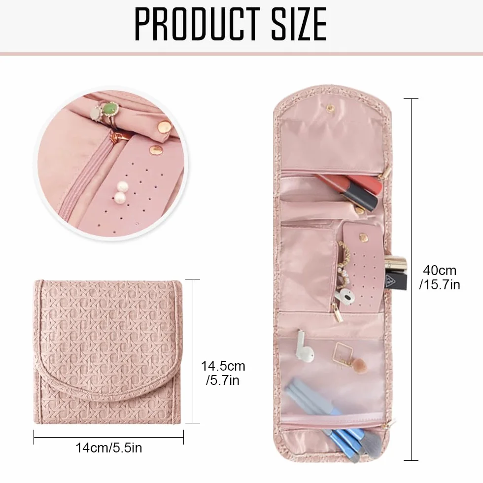 Pochette Rouleau à Bijoux de Voyage en Cuir, Sac Organisateur de Bijoux Rose
