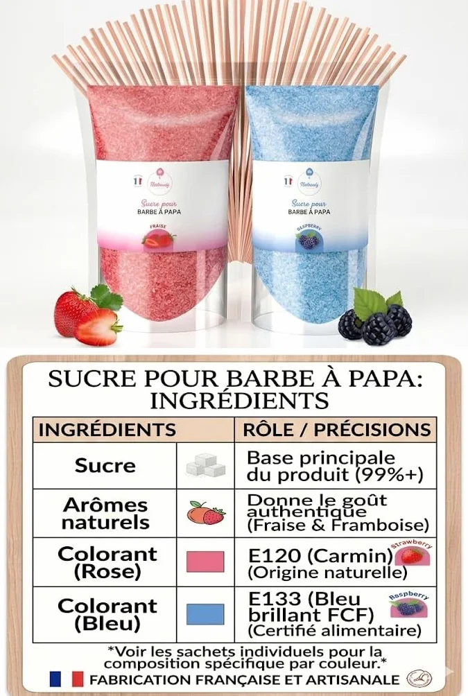 Misskandy®-Sucre Barbe à Papa pour machine- Lot de 2 * 160GR (Fraise- Framboise) / poudre barbapapa+ 10 Bâtonnets offerts - MADE IN FRANCE